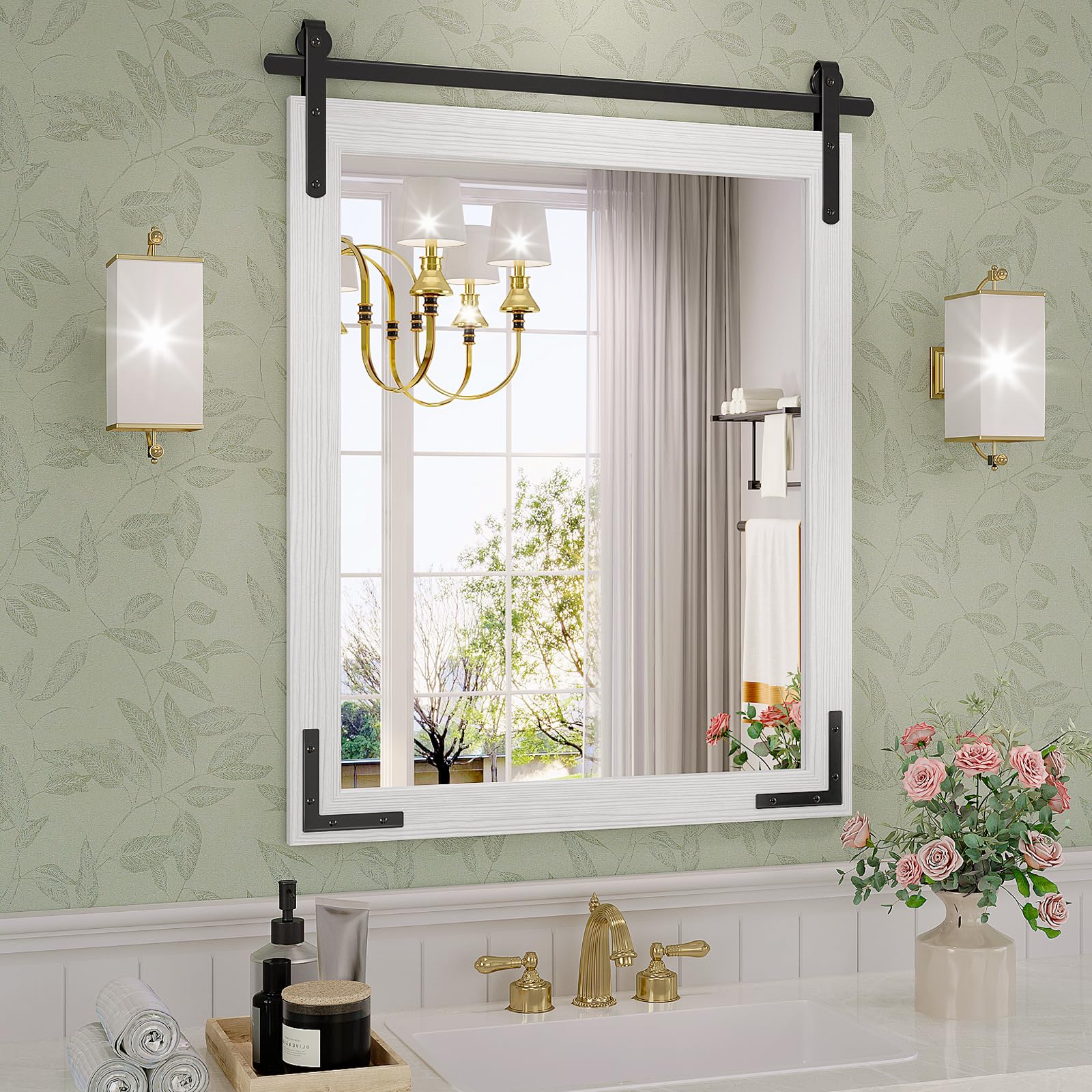 Farmhouse Bathroom Mirror, 24x32 Inch White Vanity Mirror for Wall, Wood Framed Rustic Mirror Rectangular Wall Decor Mirrors for Entryway Living Room Bedroom