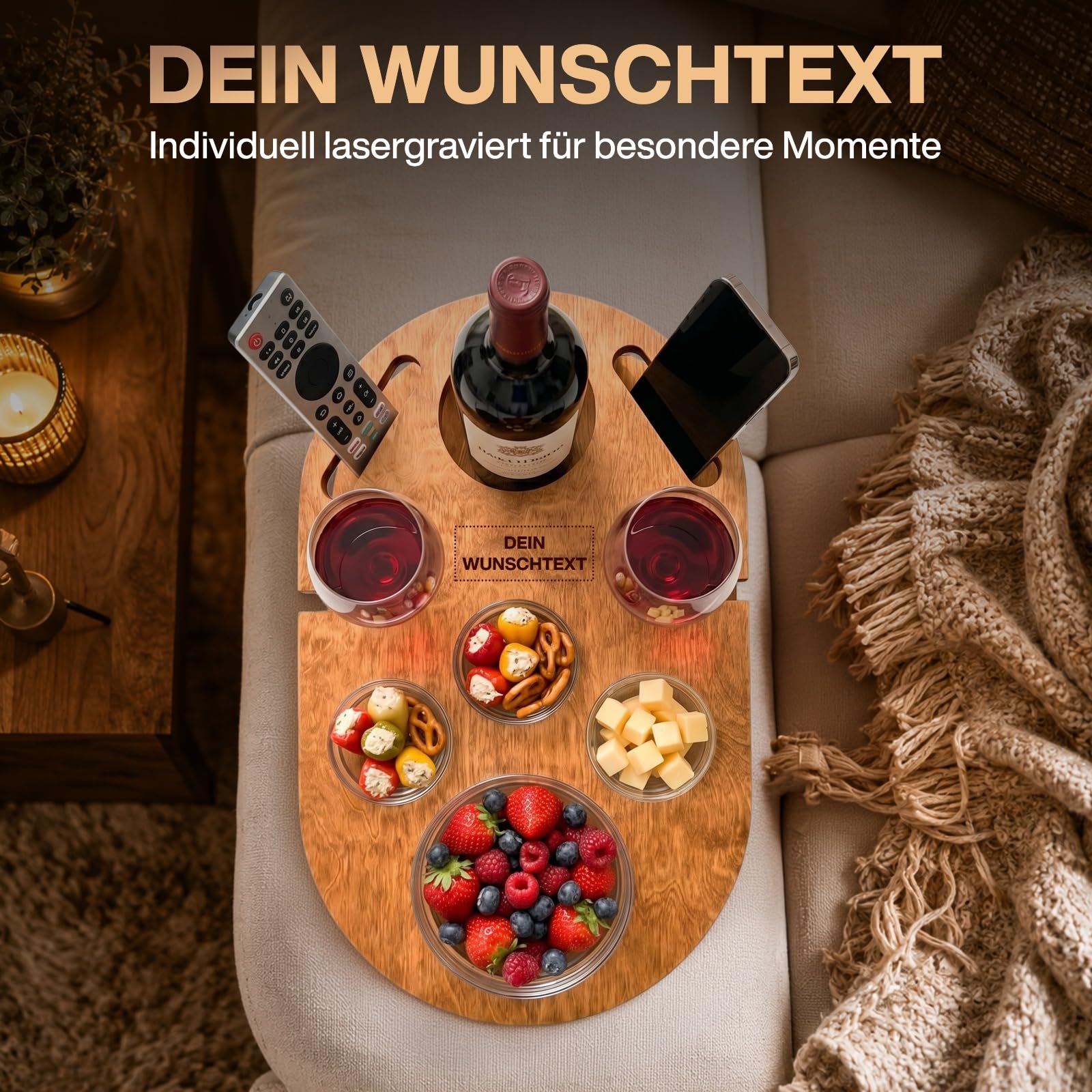 Couchbar Weinbar in Eiche mit 4 Glasschalen | PERSONALISIERBAR | Snackbox für Wein mit Getränkehalterung für Weingläser und Weinflasche | Sofabar für Snacks | Couch Bar personalisiert