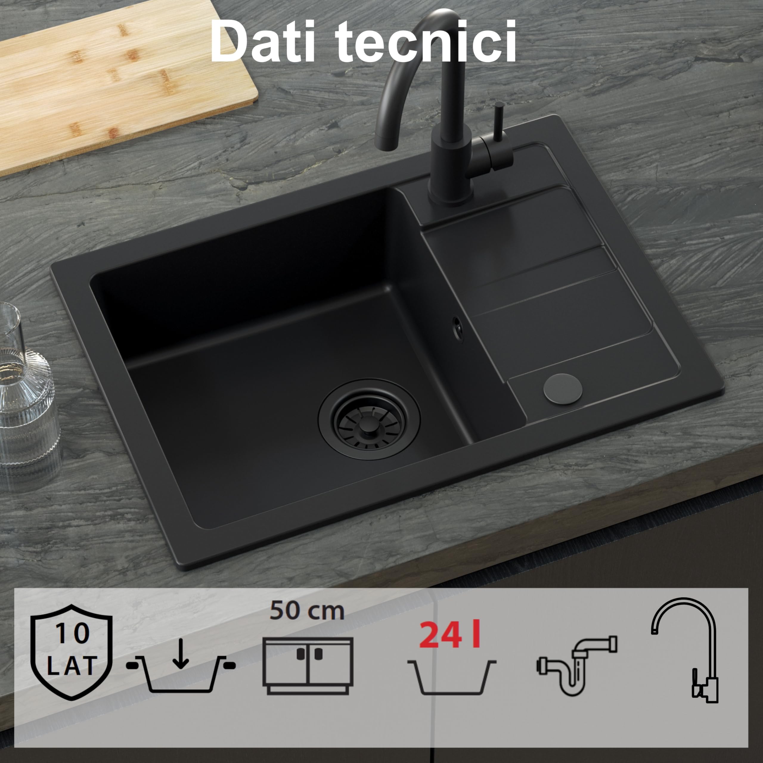 QUADRON Lavello da cucina in granito | Dimensioni 62 x 44 x 17,5 cm Beige | Lavello GO SMART in granito Lavello a vasca singola | Lavello da incasso con rubinetto da cucina
