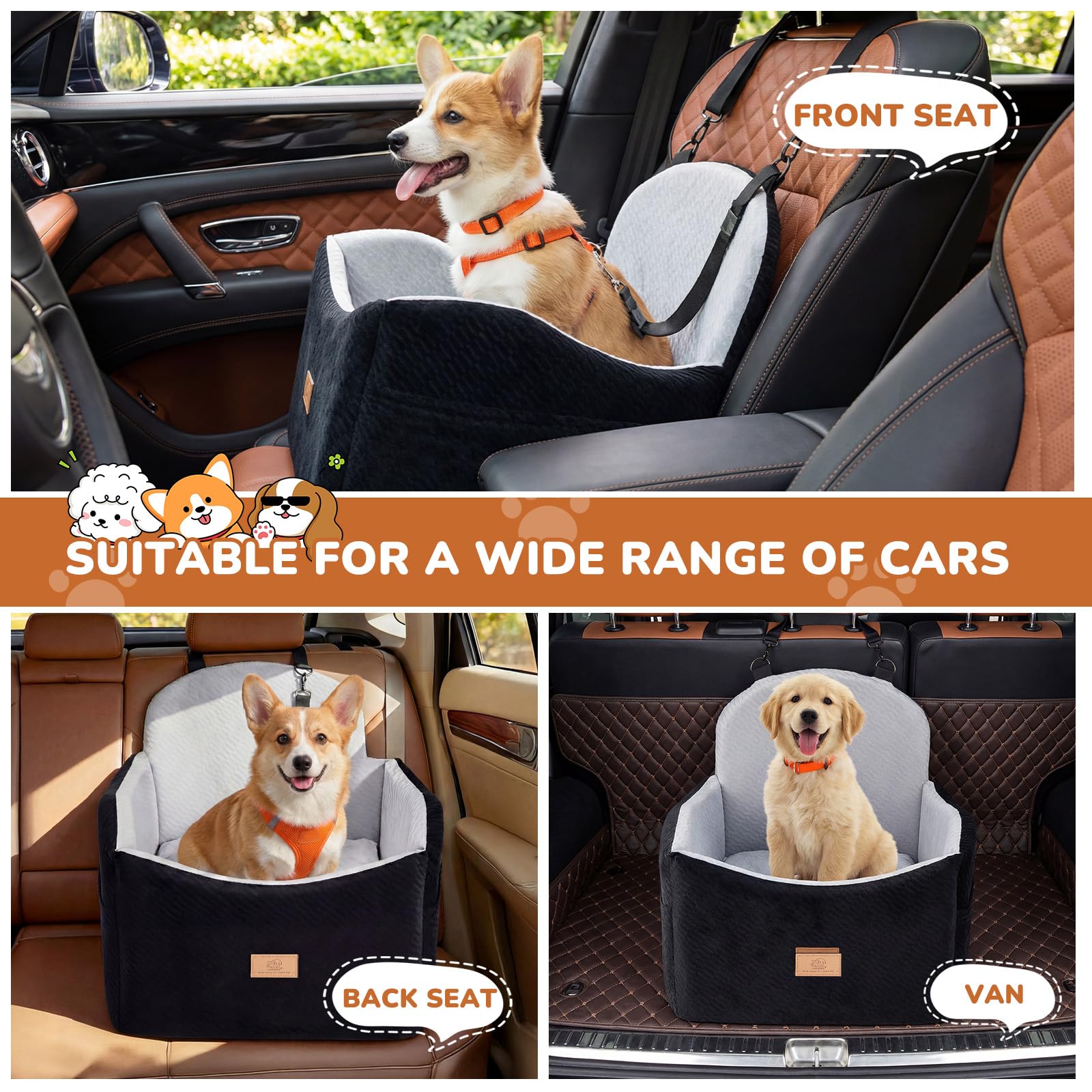 Dog Car Seat for Medium/Small Dogs, Dog Booster Car Seat, Pet Booster Seats Up to 40lbs with Waterproof Layer, 3 Storage Pockets and Safety Belt (Black/Grey) - 3