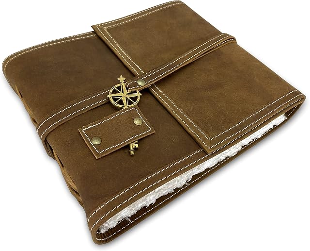 WANDERINGS Leather Watercolor Journal - Genuine Leather Album with Handmade Deckle Edge Paper for Scrapbooks, Sketching - 15.2 x 20.3 cm / 6x8'' - 350 GSM,Brown Leather