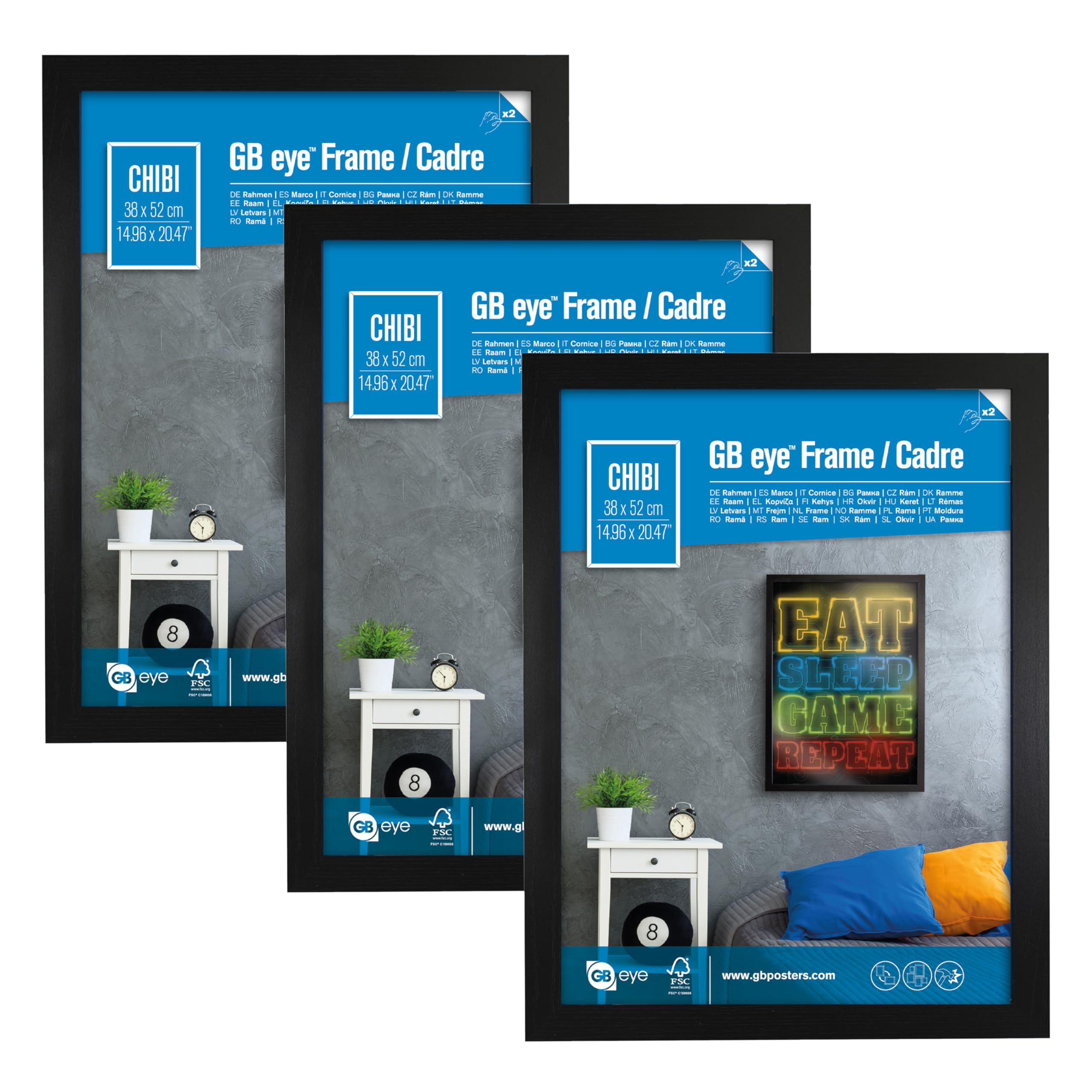 GB eye 20.5x15 Frame, FSC Black Wood Poster Frame, Scratch Proof Glazing, Vertical and Horizontal Wall Mounting, Set of 3, Home, Room, Office, Wall Art Decor, 3pcs