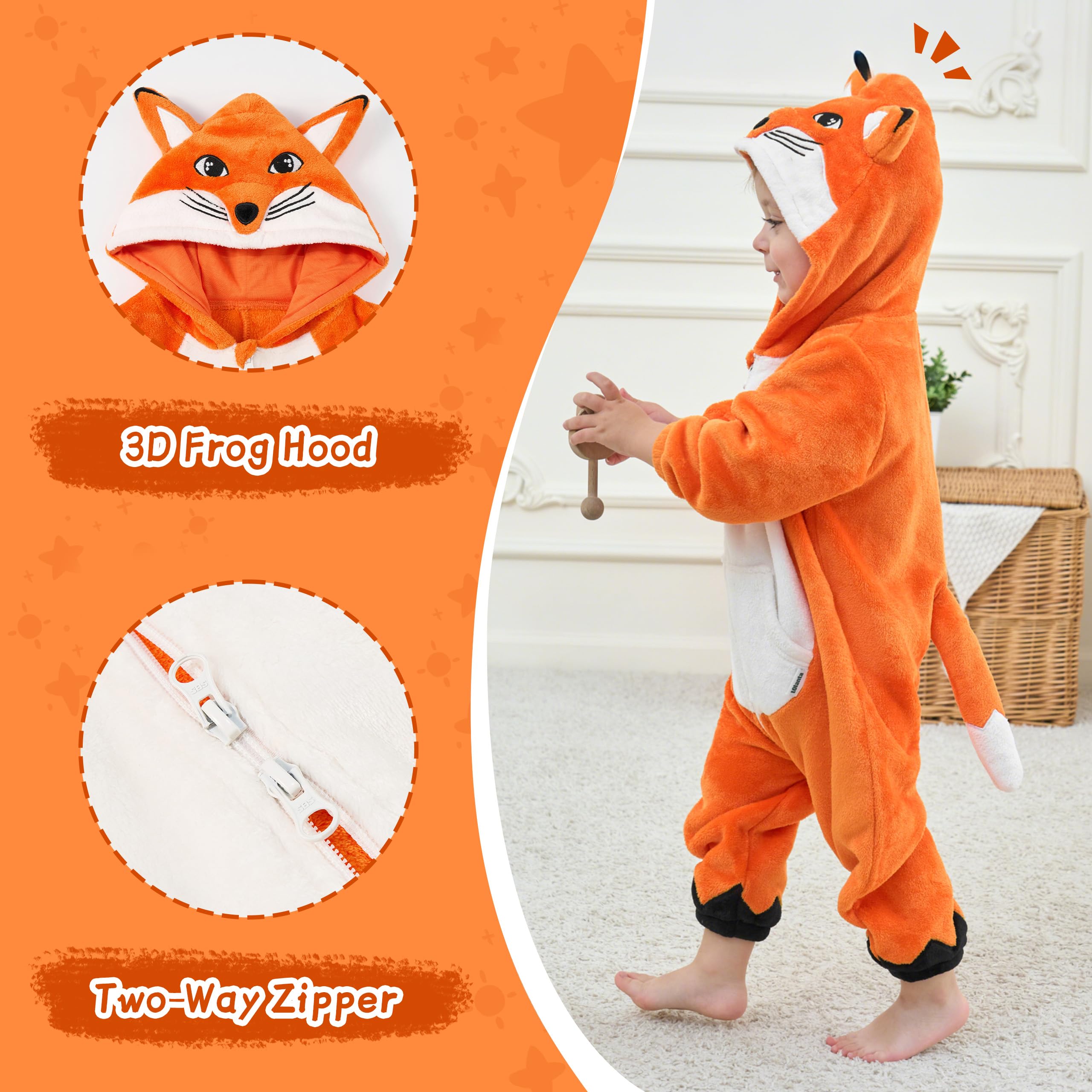 LOLANTA Costume Animale Unisex per Bambini, Tutina in Flanella Morbida con Cappuccio, Vestiti Animale Carnevale Bambino, 1-5 Anni