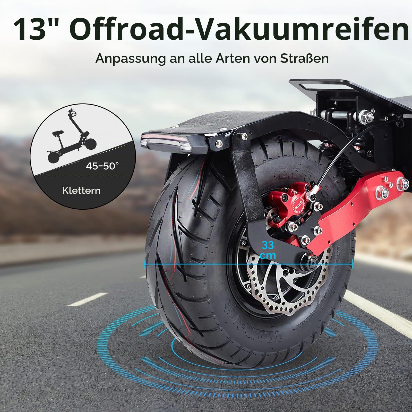 HWWH Elektroroller Erwachsene leistungsstark Offroad Elektroscooter Elektro Roller E Scooter für Gelände Doppelmotor Extrabreite 13 Zoll Reifen 60V43Ah Lithium-Akku