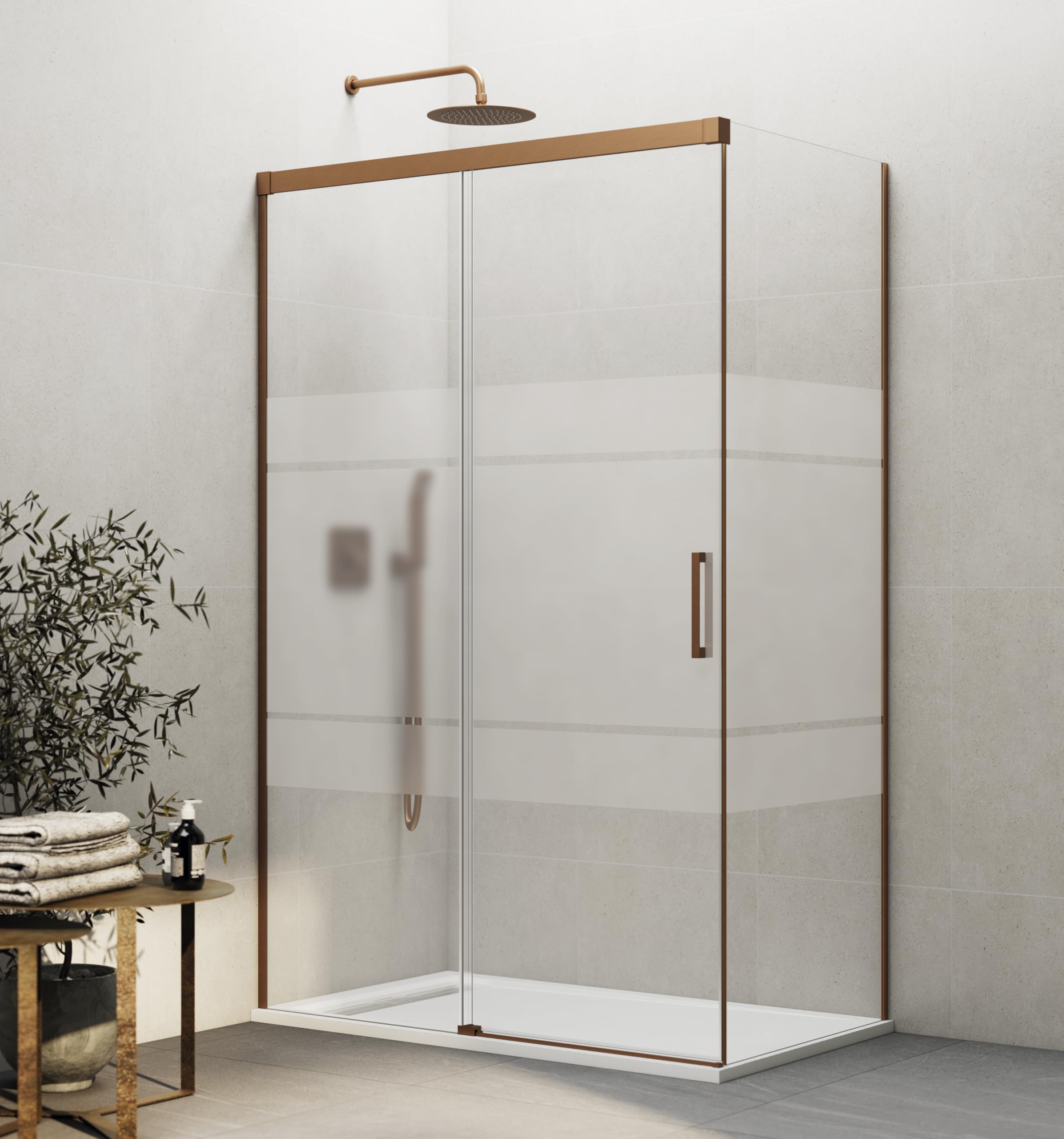 GME - Mampara Ducha Frontal Oro Rosa Cepillado 135cm 1 Fija + 1 Corredera + 80cm Panel Lateral Fijo | Mampara de Cristal Reversible 6mm con Ancho Adaptable y 196cm de Altura