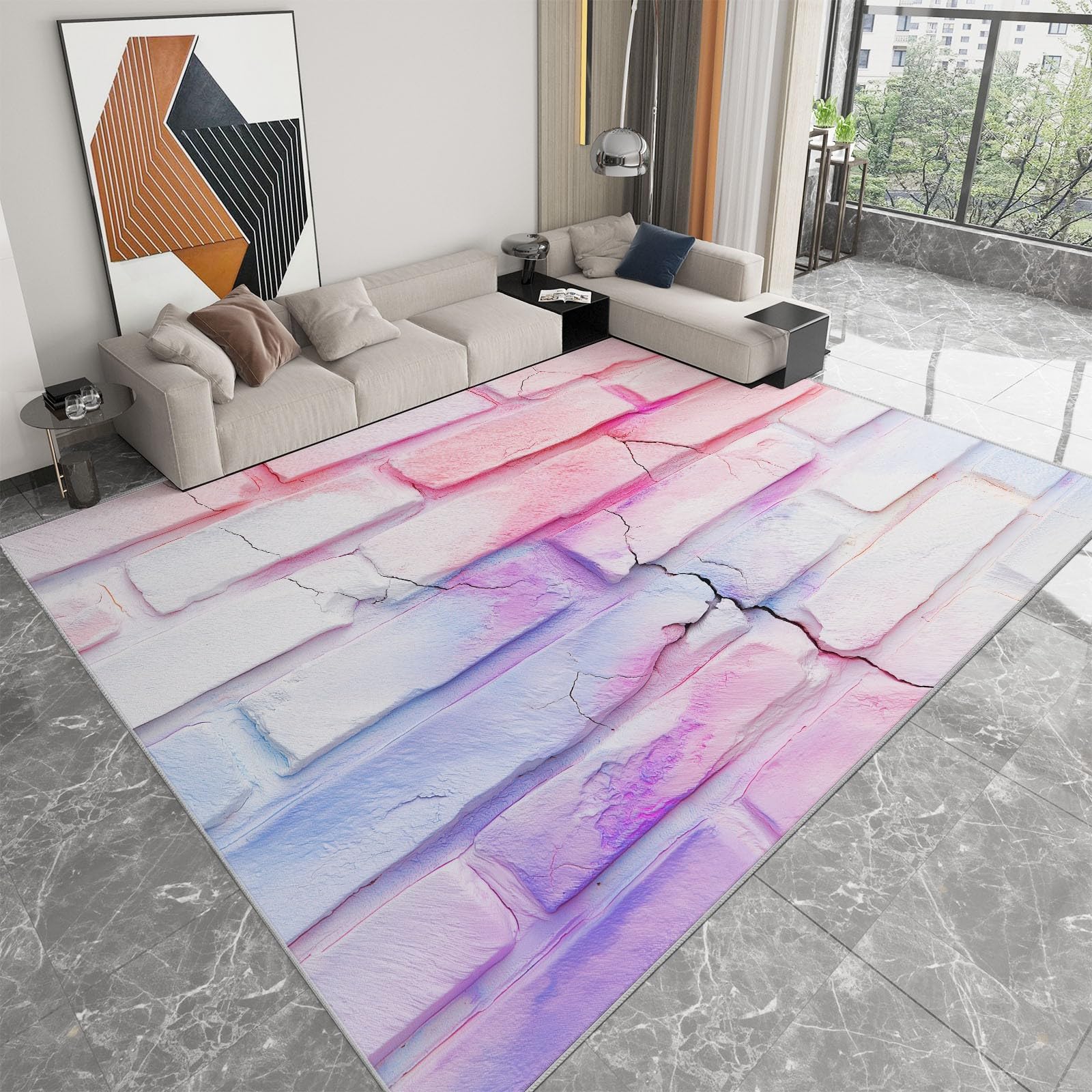 Nowoczesny zmywalny dywan 140 x 200 cm geometryczny ceglany ceglany, miękki różowy biały antypoślizgowy dywan do salonu sypialni pokoju zabaw - odpowiedni dla dzieci i zwierząt domowych