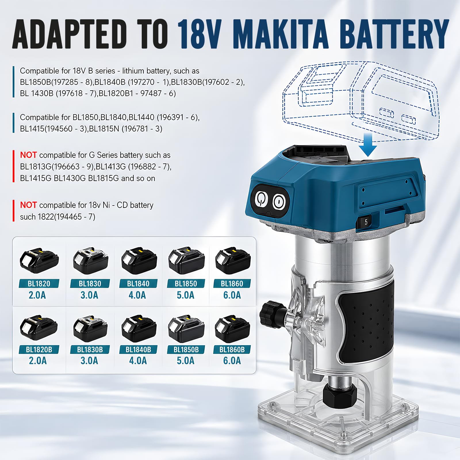 Fresadora con batería compatible con batería Makita de 18 V, 800 W, recortadora sin escobillas, fresadora de cantos, 5 marchas, 30000 rpm, batería eléctrica, fresa de madera para carpintería, 6/6,35/8