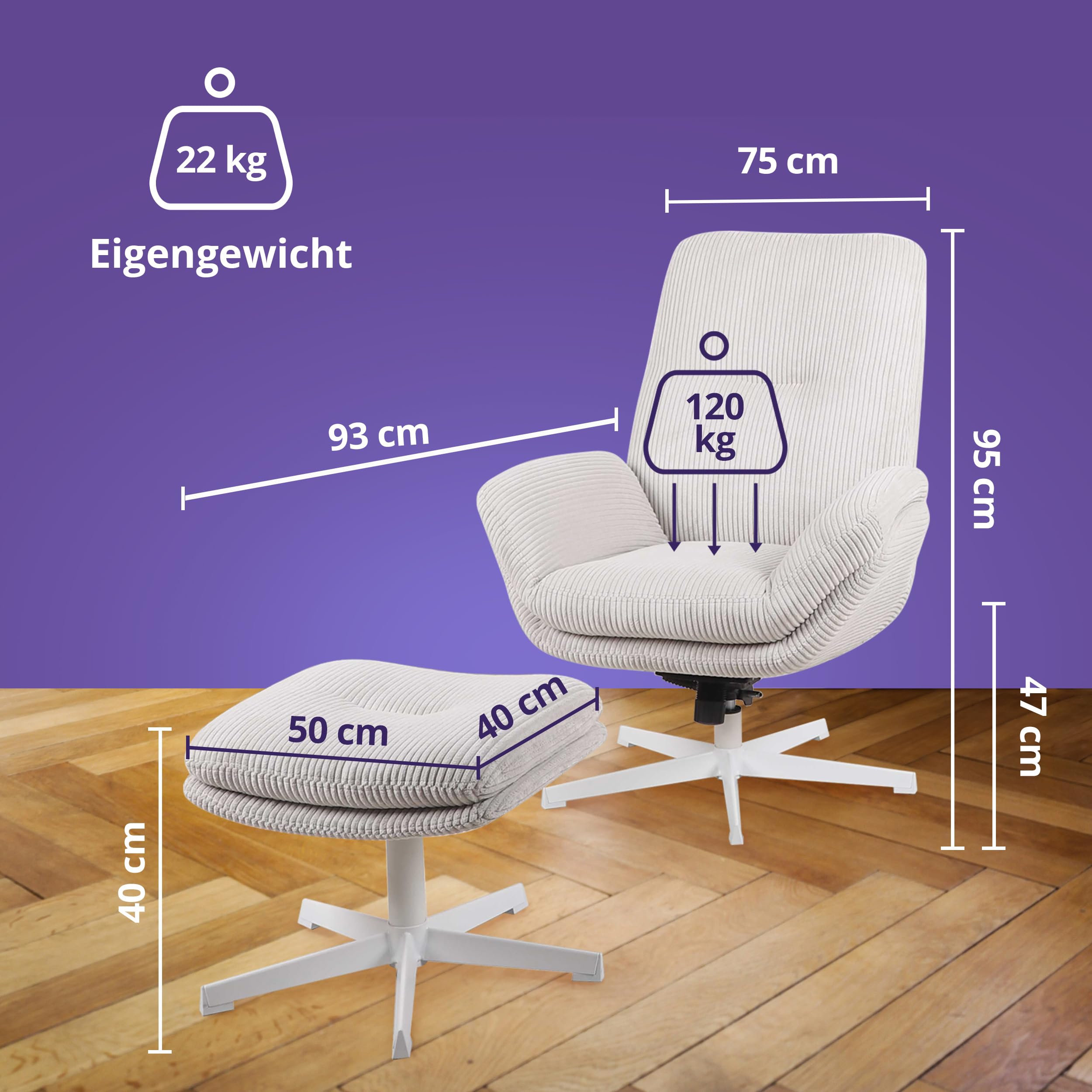 KHG Fauteuil de relaxation avec repose-pieds, couleur crème, pivotant et réglable