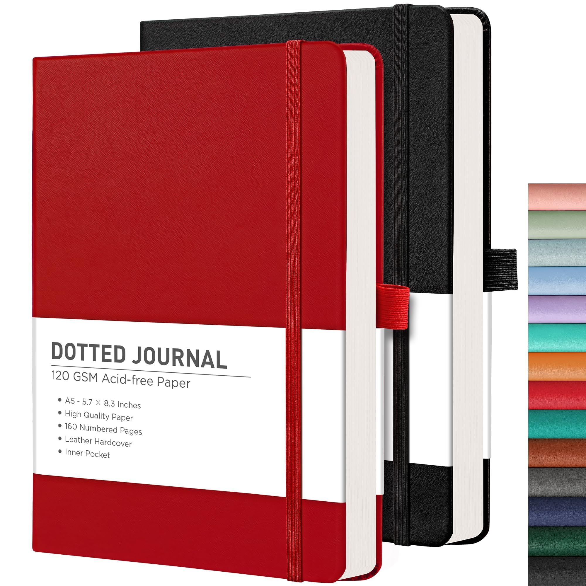 RETTACY Gepunktetes Tagebuch, 160 nummerierte Seiten pro Packung, 14 x 21 cm | Hardcover, Leder, 120 g/m² dickes Papier, für Journaling, Planung, Tracking (Schwarz und Rot), 2 Stück
