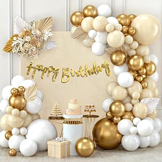 Party Propz Golden Birthday Decoration Kit – 53 Pcs, Happy Birthday Banner with Gold, White & Beige Balloons For Kids, Arch Roll & Glue Dots, Golden Theme Birthday Decoration for Boys