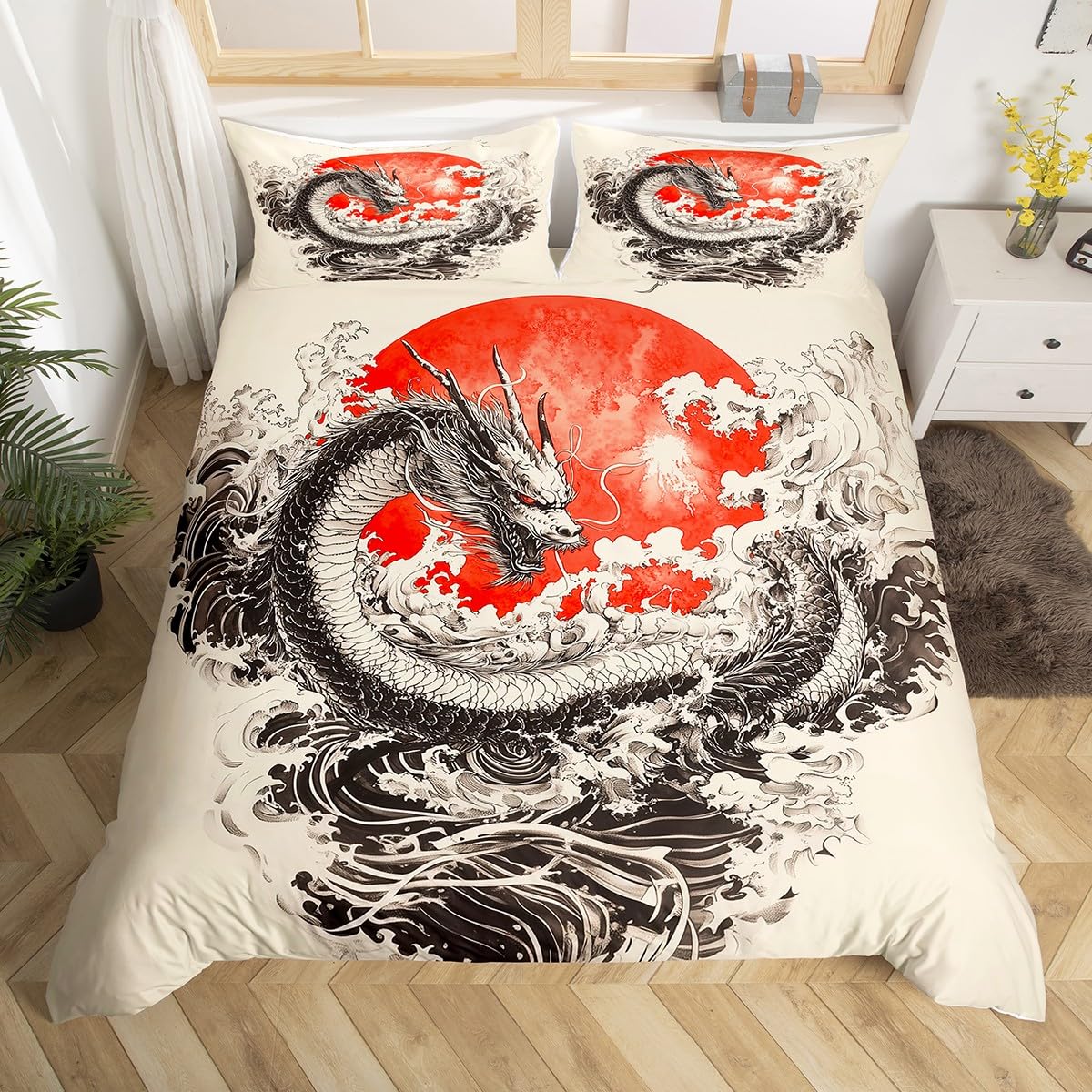 Homemissing Kids Dragon Bedding Set Single Size Boys Girls Japanese Wave Comforter Cover Set Loong Red Sunset Duvet Cover Japan Japanese Style Bedspread Cover (No Comforter) โ image 1