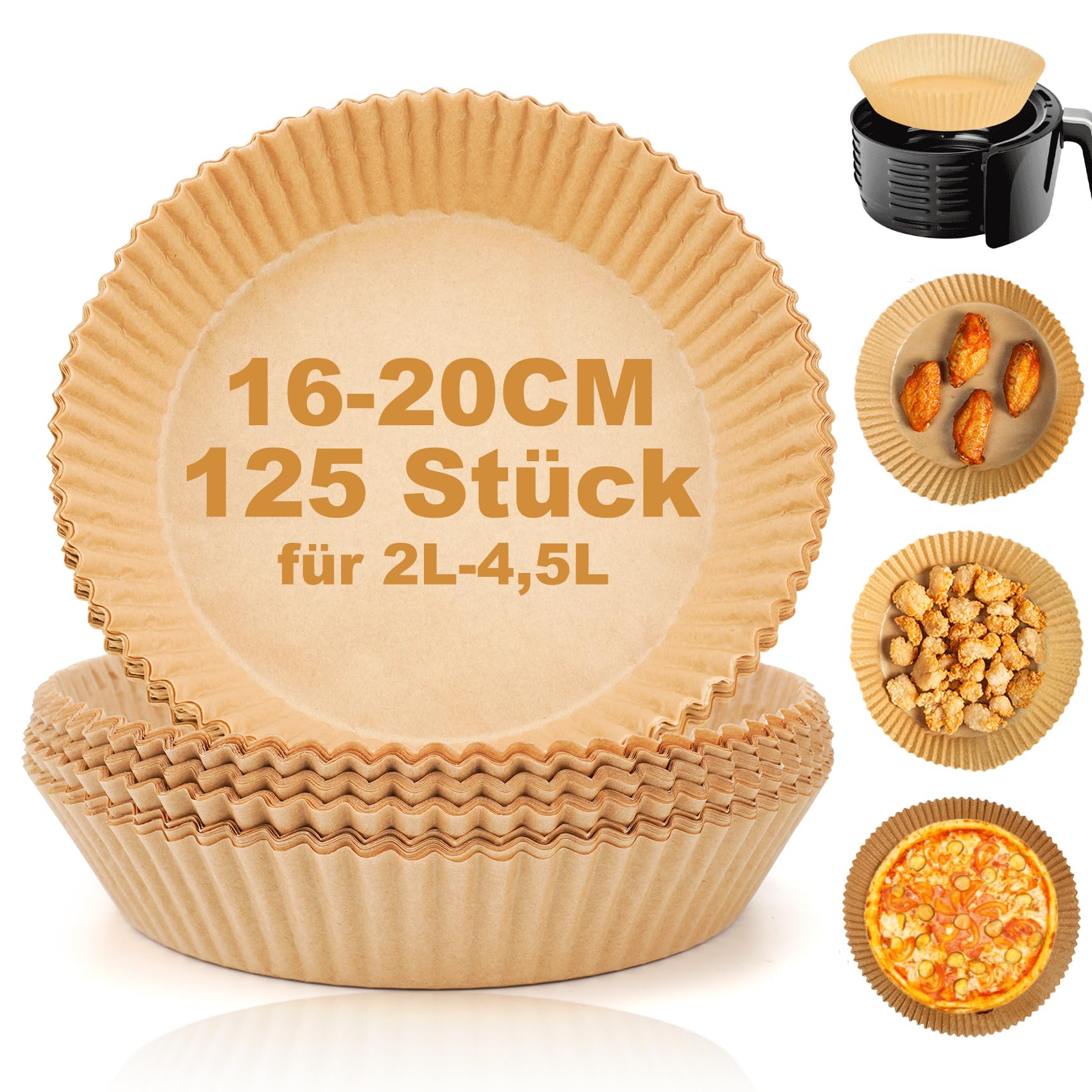 Papel de horno para freidora de aire caliente, 125 unidades de 16-20 cm, papel de horno redondo Airfryer Accesorios para Ninja/Philips/Cosori/Tefal 2-4,5 L freidora de aire