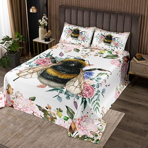 Erosebridal Juego de edredón para niños con bonito diseño de animales y abejas dulces, juego de ropa de cama floral rosa y rosa, juego de colcha con