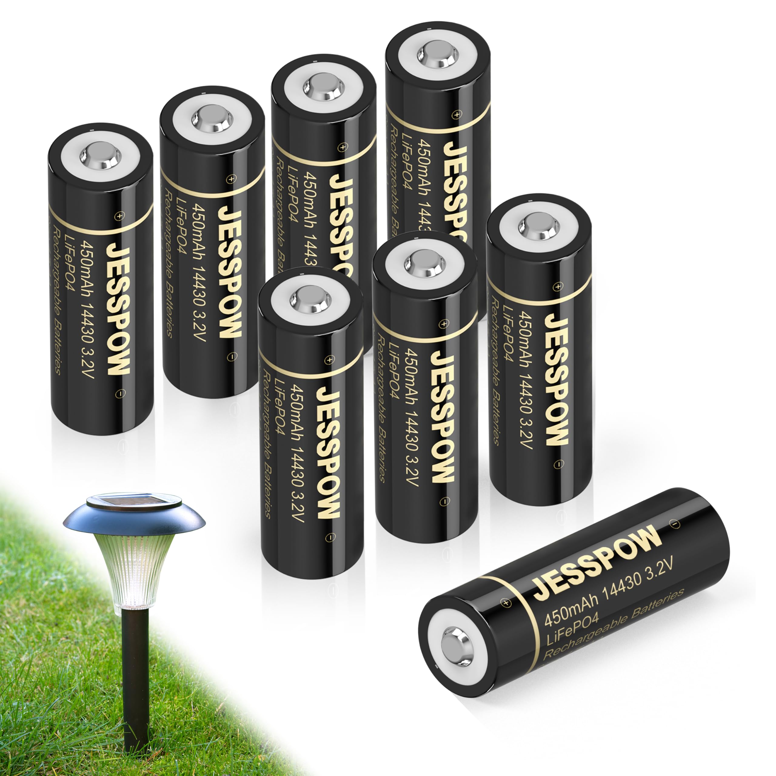 JESSPOW 14430 3.2 Volt Rechargeable Solar Battery, Rechargeable LiFePo4 Batteries [ 450mAh 3.2V 8Pack ] for Outdoor Garden Light, Solar Panel Light, Tooth Brush, Shaver, Flashlight (NOT AA Battery)