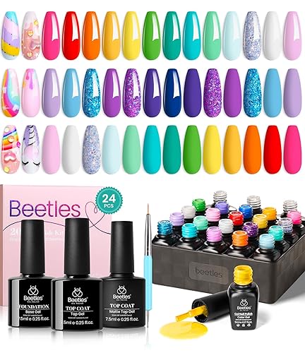 Miniatura 8 de Beetles Unicorn - Kit de 23 esmaltes de uñas de gel semipermanentes en tonos pastel amarillo rosado azul morado verde con capa base y superior
