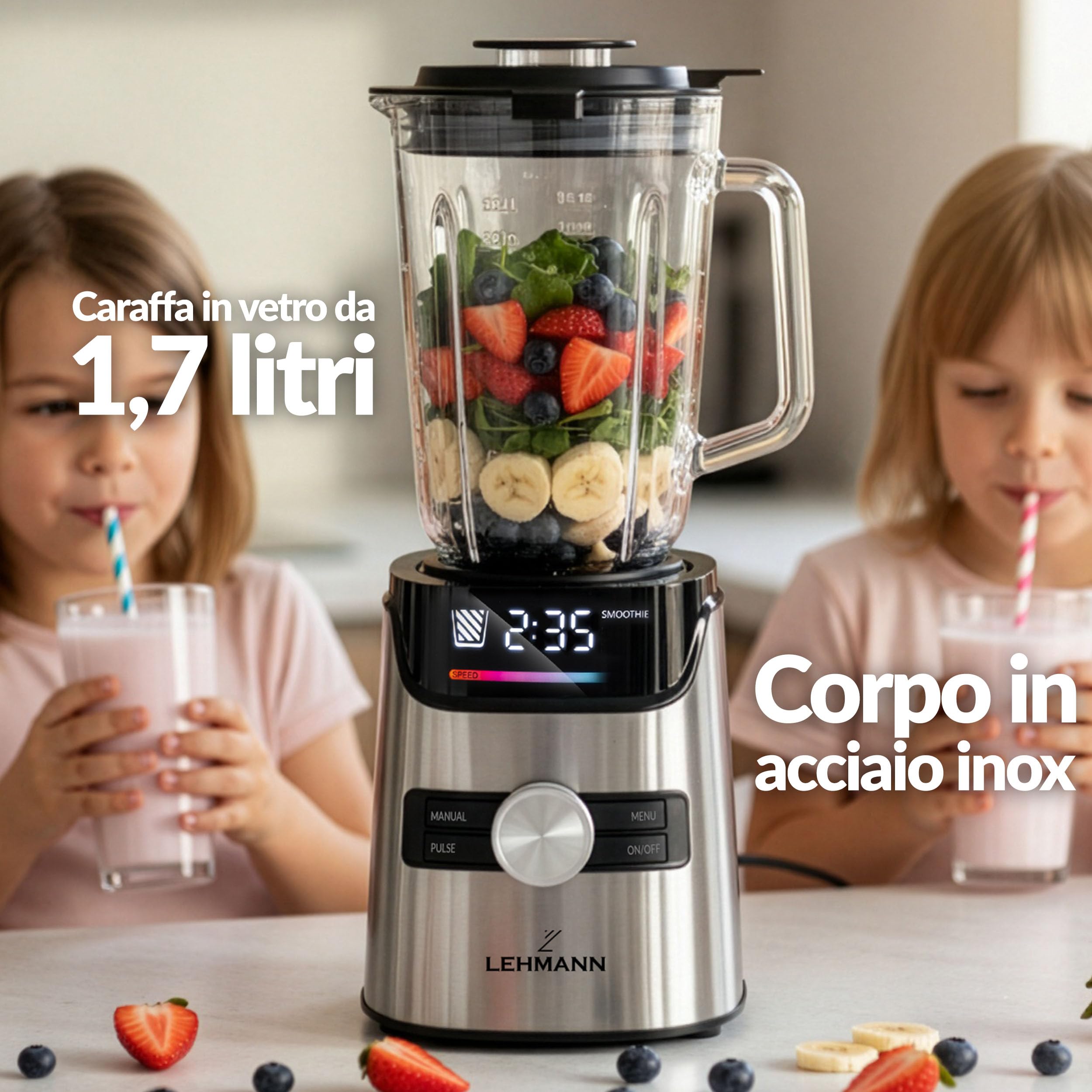 LEHMANN Frullatore Elettrico in Vetro 1,7 L, 10 Velocità, Pulse e 3 Programmi: Smoothie, Tritaghiaccio, Milkshake, Parti Lavabili in Lavastoviglie, Bottiglia Portatile e Macinino, 1400 W, Argento
