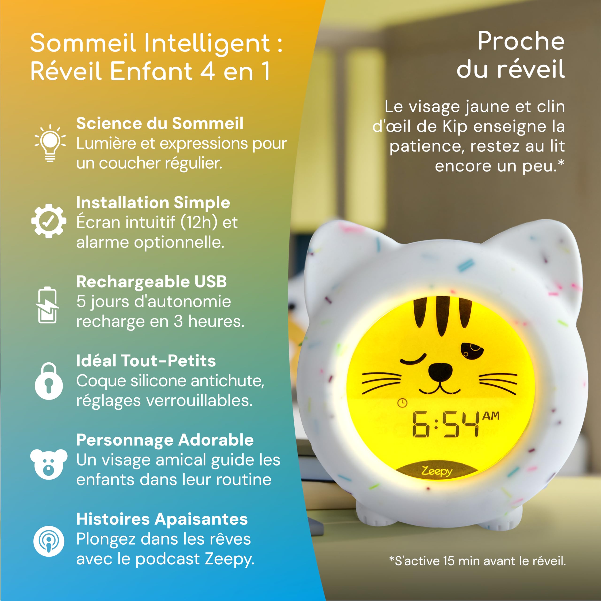 Zeepy Horloge Enfant 4 Phases Apprentissage Sommeil | Reveil Enfant Educatif Jour/Nuit & Veilleuse Bébé USB | Cadeau Naissance Idéal - Kip le Chaton