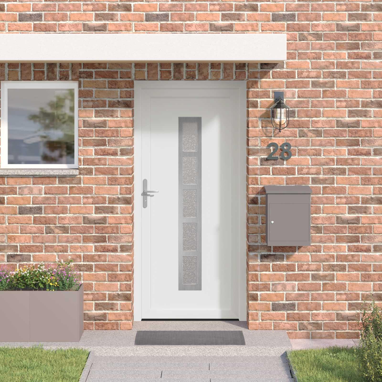 Vordertür Weiß PVC 98 x 200 cm Haustür für Eingang außen mit Glas, Mehrfachverriegelung, Schallschutz, Wärmedämmung, Schloss, Zarge, Beschlag, Dichtung für Neubau und Renovierung