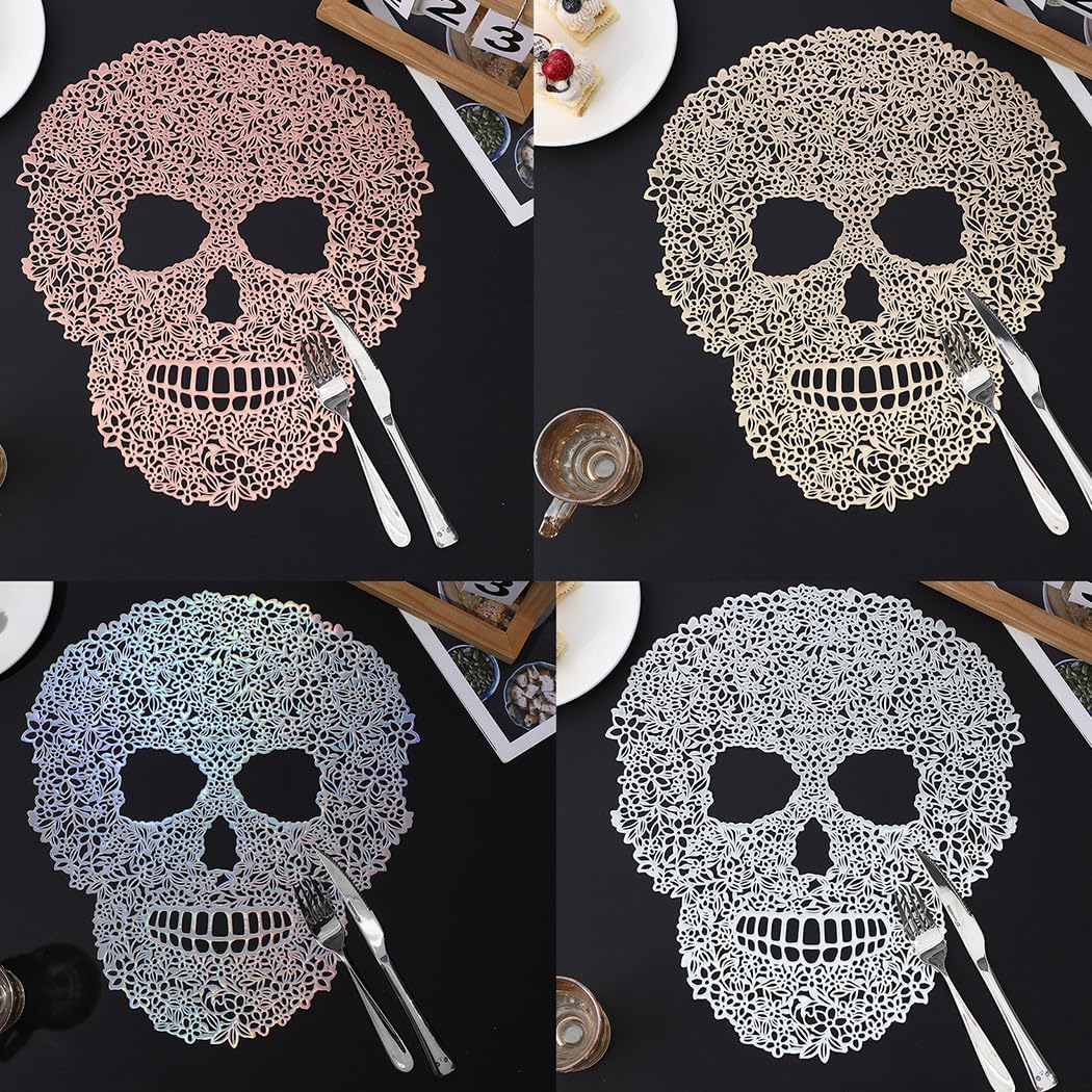 Hollow Out Skull Shape Placemats Pressed Vinyl Metallic Placemats Set of 6 Pcs, Heat Resistant Table Mats for Party Halloween Dinner Table Decorations, Style B Mixed Color