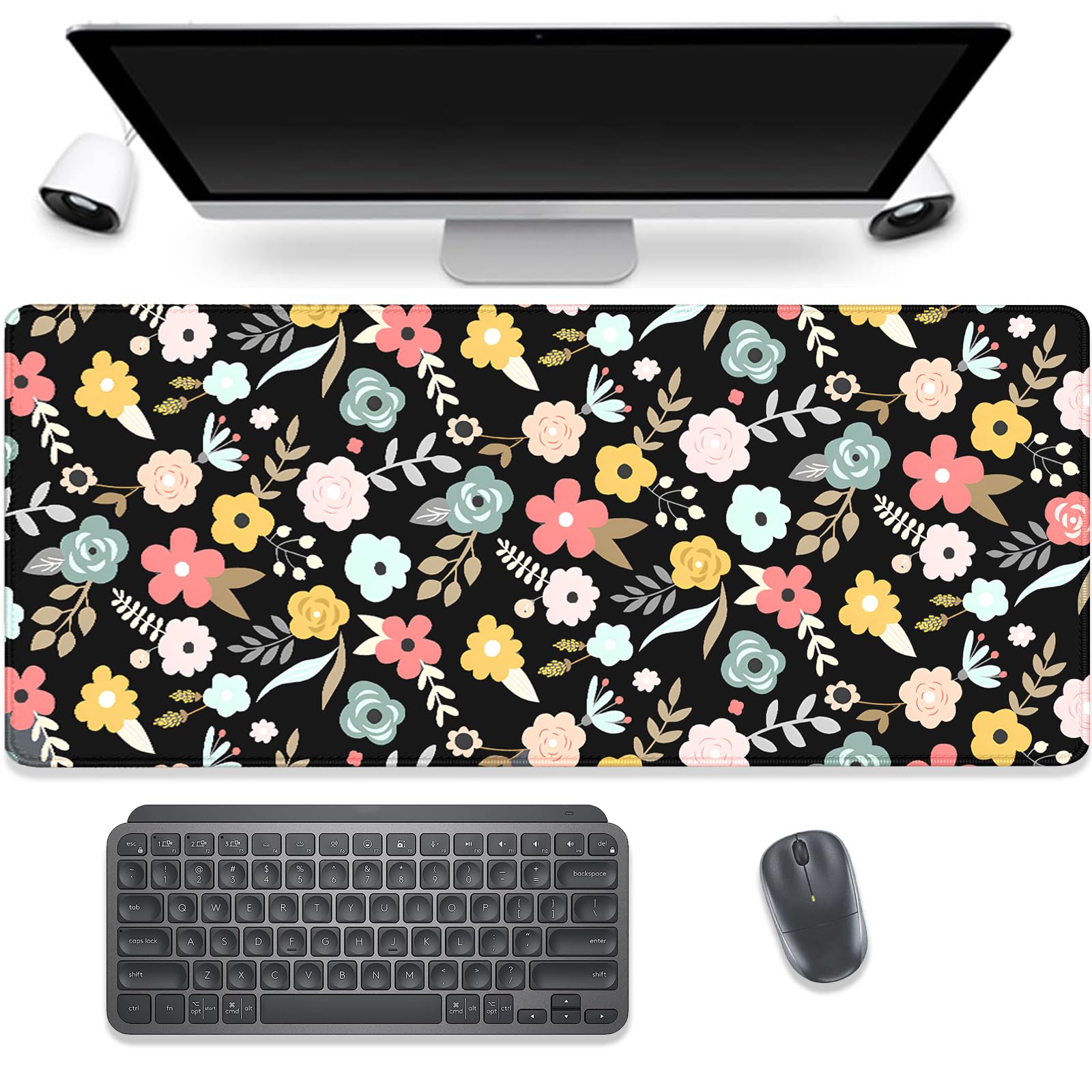 PBLJMJ Black Cartoon Flowers Desk Pad Mouse Pad,Floral Prints Extended Large Gaming Mouse Mat with Stitched Edges,Non-Slip Waterproof Rubber Base