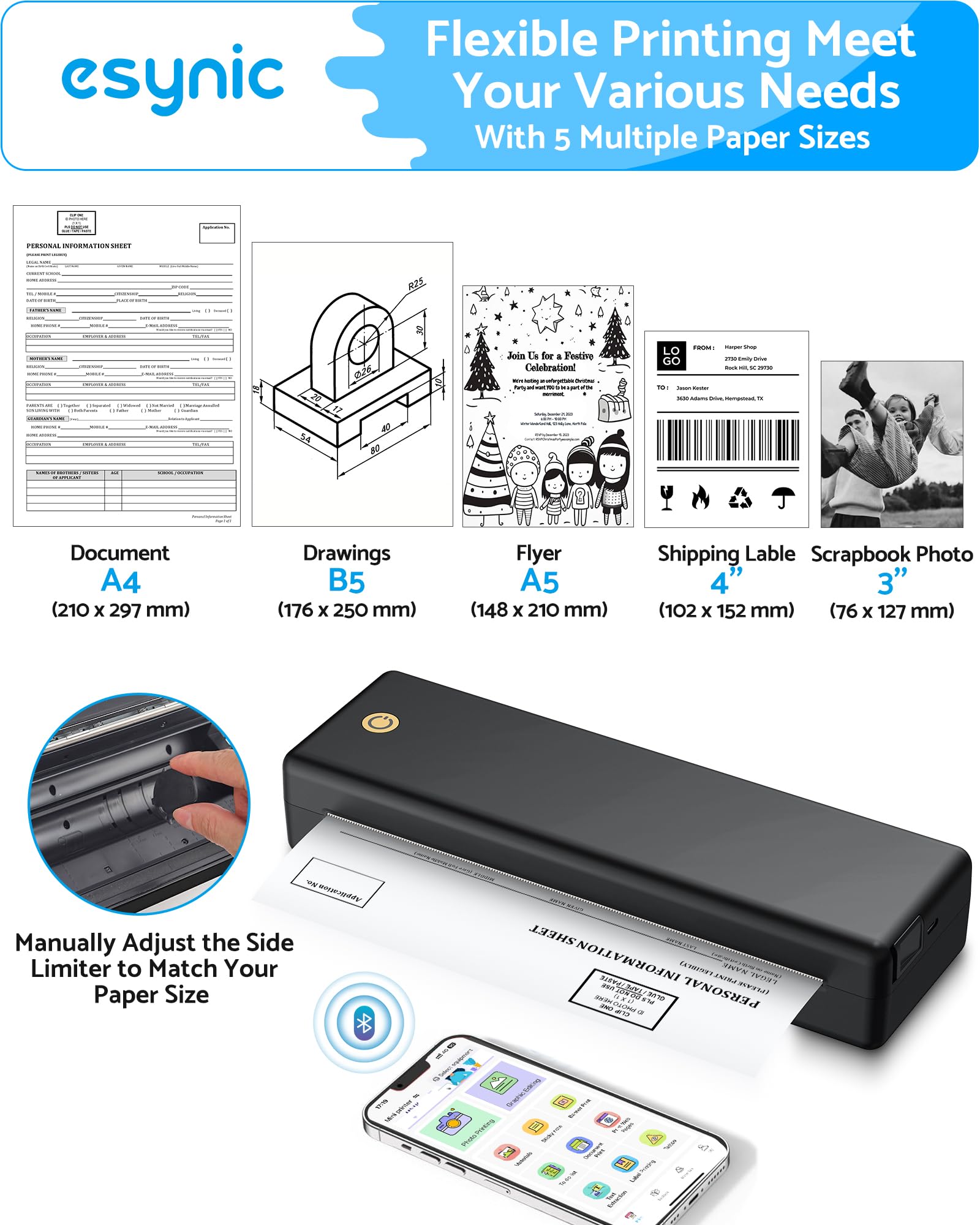 eSynic Impresora Portátil A4 sin Tinta Impresora Térmica Bluetooth Mini Impresora Móvil Impresora Compacta Impresora Inalámbrica Multitamaño para Oficina Estudio con Batería 2600mAh - Negro