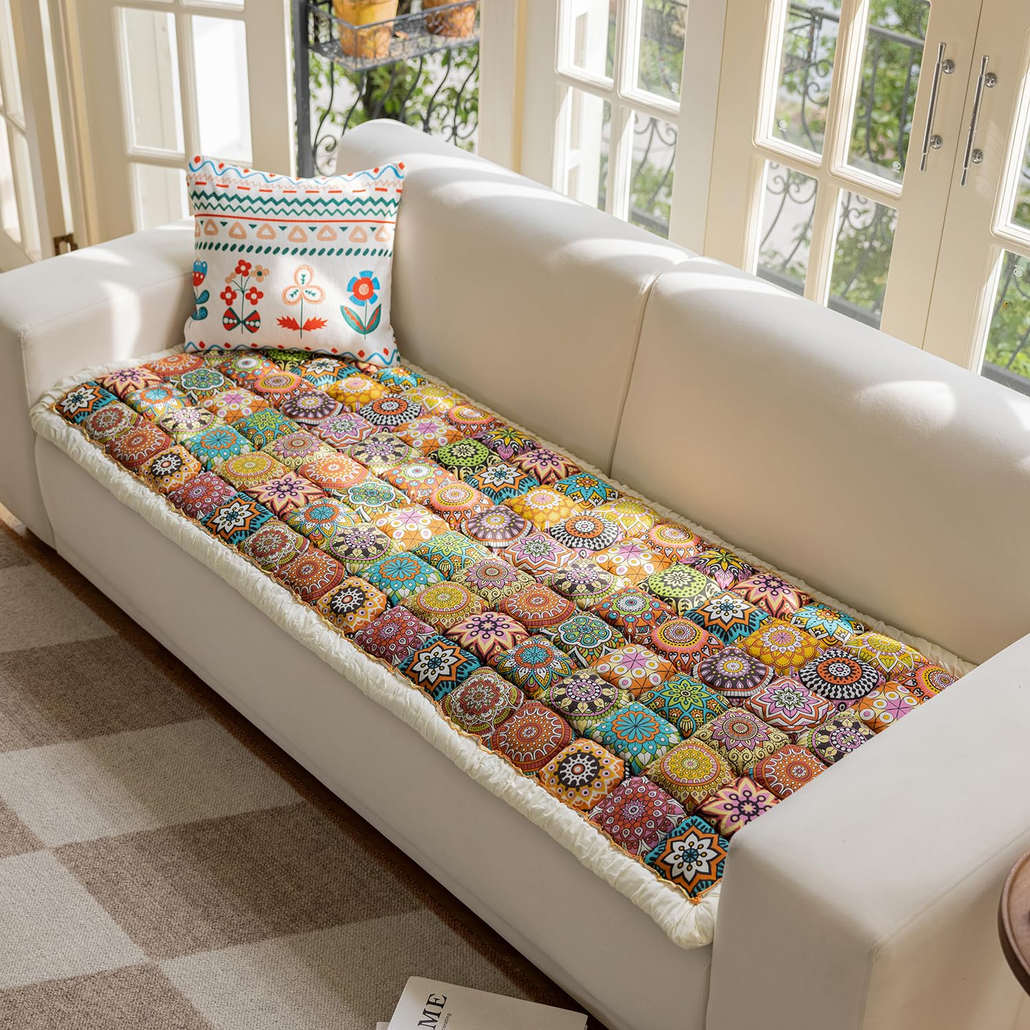 AEEISHOMEREFORM Thick Quilted Sofa Cover, Anti-Slip Settee Covers, Washable Cotton Furniture Protector for Pets, Patterned Padded Couch Covers for Living Room (Orange, 70x180 cm)