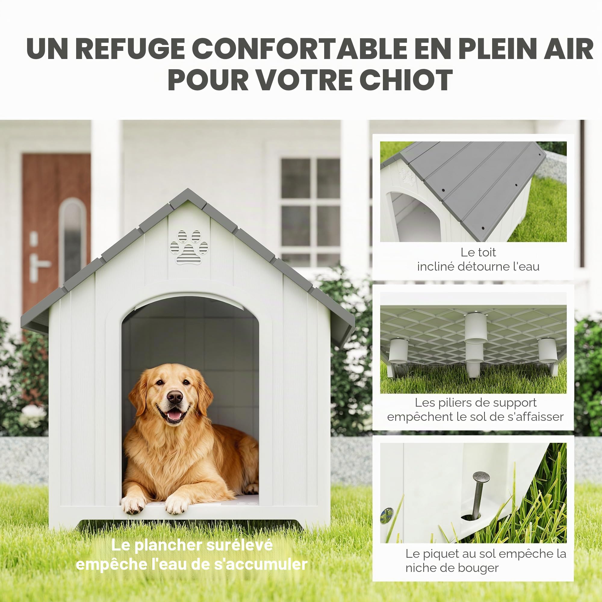 PawHut Abri en Plastique pour Chien/Chiot, int/ext, Plancher surélevé