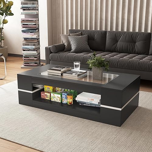 Miniatura 5 de Mesa de centro moderna y elegante de 47.2 pulgadas con parte superior de cristal, mesa grande para sala de estar, mesas centrales rectangulares de 2