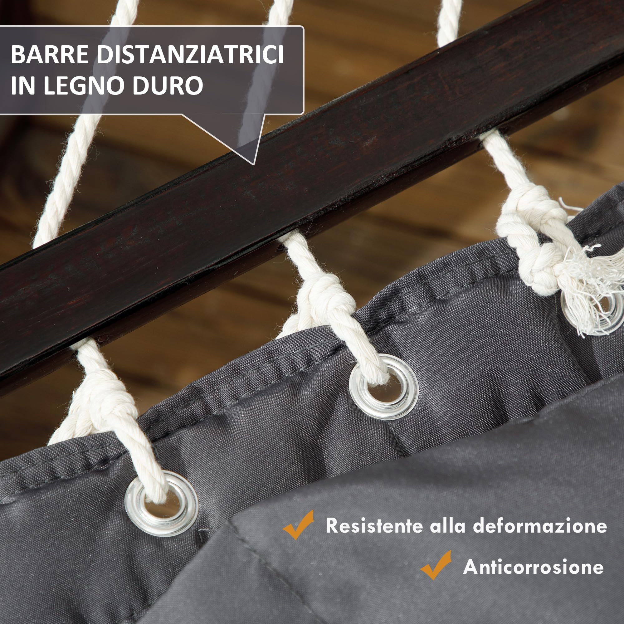 Outsunny Amaca da Giardino Portatile con Struttura, Cuscino Integrato e Corde di Sicurezza, Amaca Sospesa in Cotone, Poliestere e Acciaio, Portata Fino a 150 kg, 368x93x110 cm, Grigio Scuro