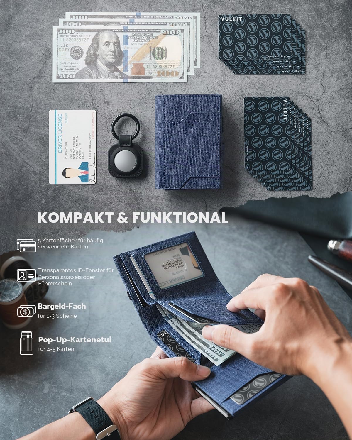 VULKIT Airtag Geldbörse Herren mit Ausweisfenster Kartenetui Herren mit Geldscheinfach Kreditkartenetui RFID Schutz mit Airtag Schlüsselanhänger, Navy Blau