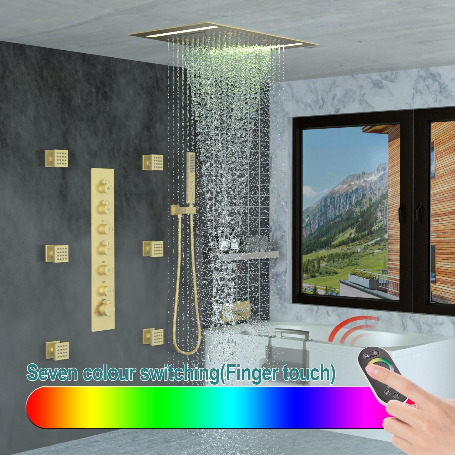 Sistema doccia a incasso a parete con 6 getti e spruzzo, miscelatore termostatico in ottone con LED grande 3 in 1 modalità 35,6 x 50,8 cm soffione doccia a pioggia e beccuccio su/giù, oro spazzolato
