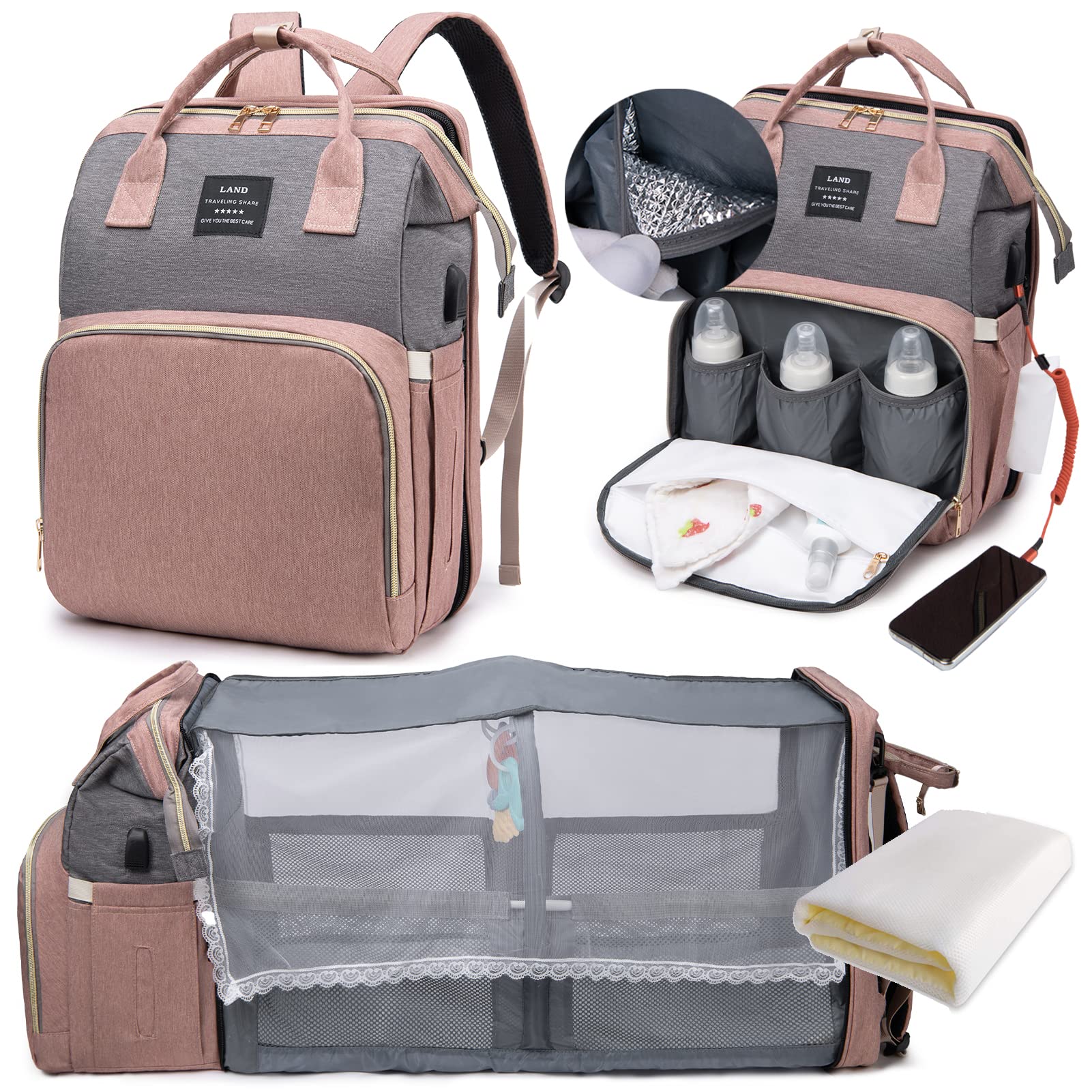 Sac à Langer Bébé Grand Sac à Dos avec Matelas, Moustiquaire et Port USB