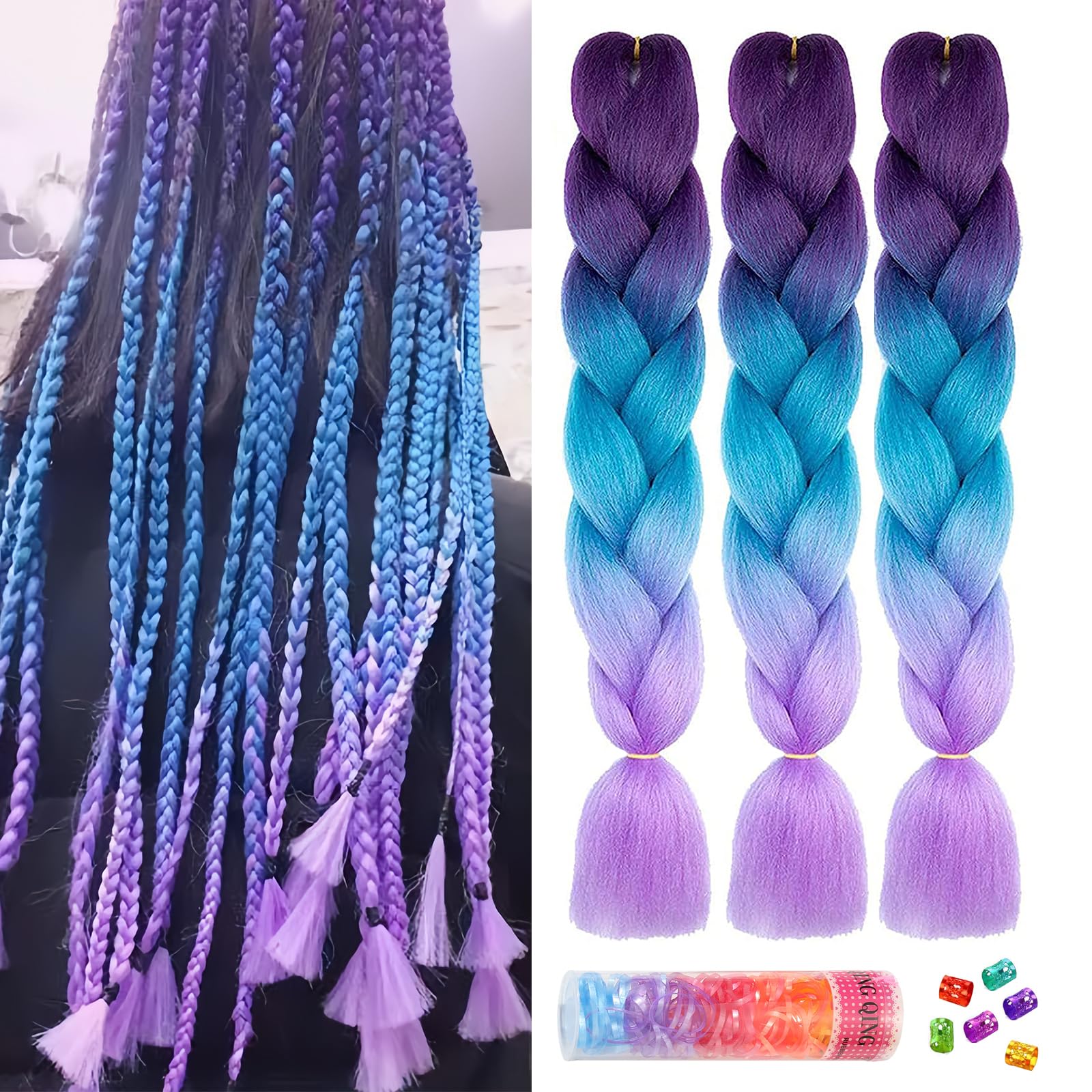 BouGPeng Extensiones para Trenzas 3 Piezas 24"Pelo Sintetico Trenzas de Pelo Trenzas Africanas Extensiones Jumbo Extensiones para Cabello Trenzado Torcido(Púrpura oscuro-Azul mar-Púrpura claro)