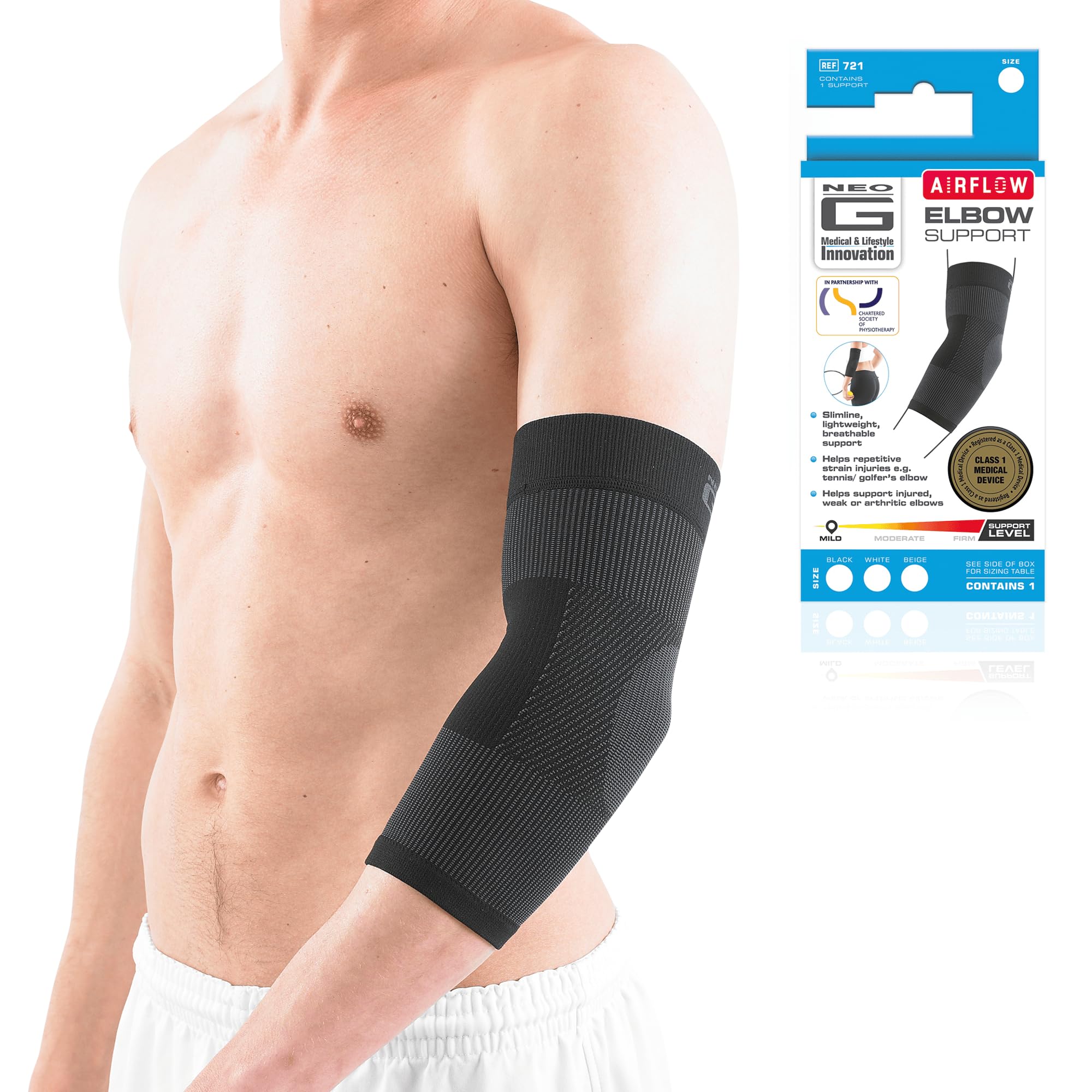 Neo G Airflow Ellenbogenbandage – Groß – Schwarz – Hochwertiger Ärmel - medizinische Qualität, Mehrzonen-Kompression, leicht, atmungsaktiv, schützt bei Zerrungen, Verstauchungen, Instabilität, schwachen & arthritischen Ellbogen – Unisex-Bandage