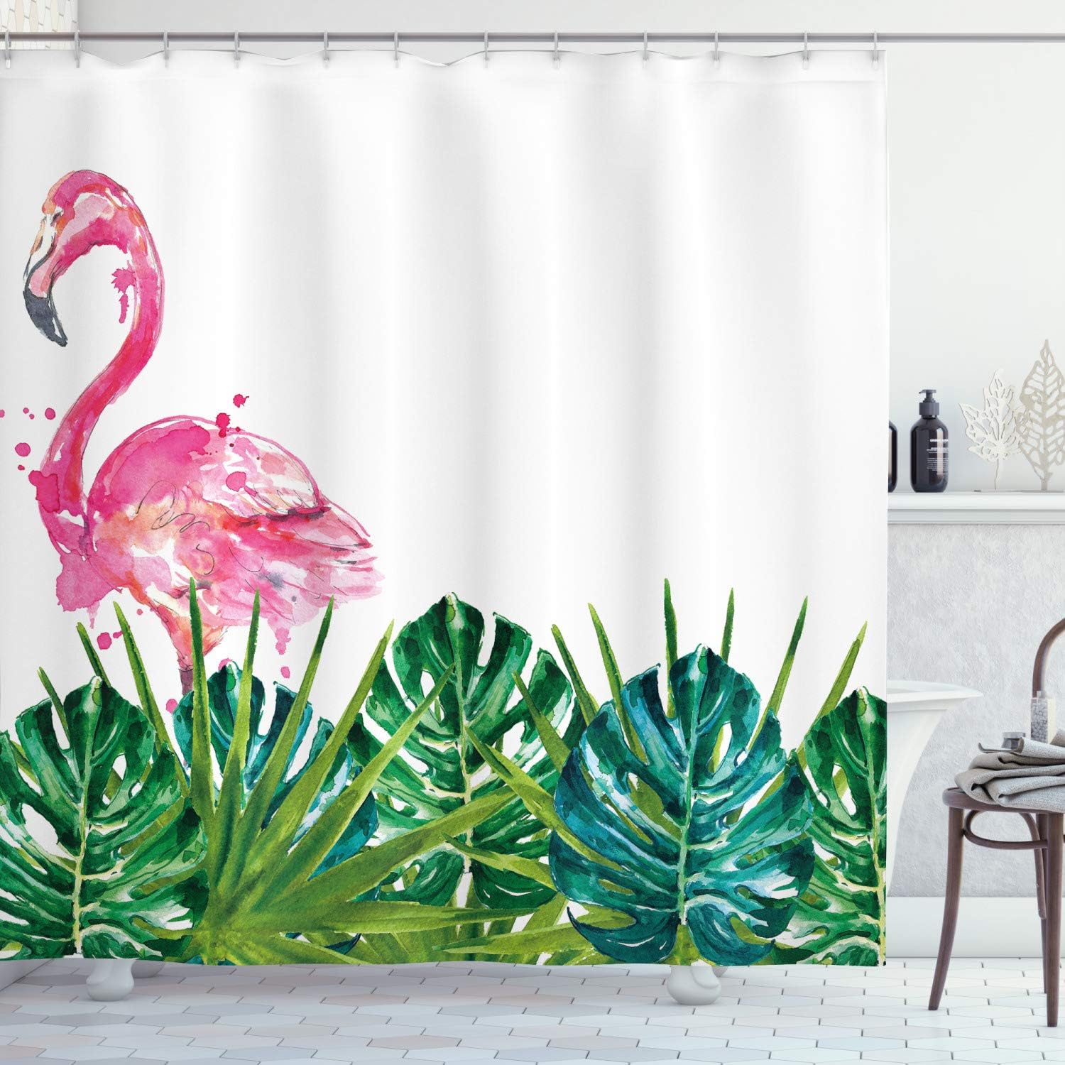 Ambesonne Tropical Shower Curtain, Exotic Nature Botanical Art Leaves and Flamingo Watercolors Print, Cloth Fabric Bathroom Decor Set with Hooks, 69" W x 84" L, Green Pink Blue