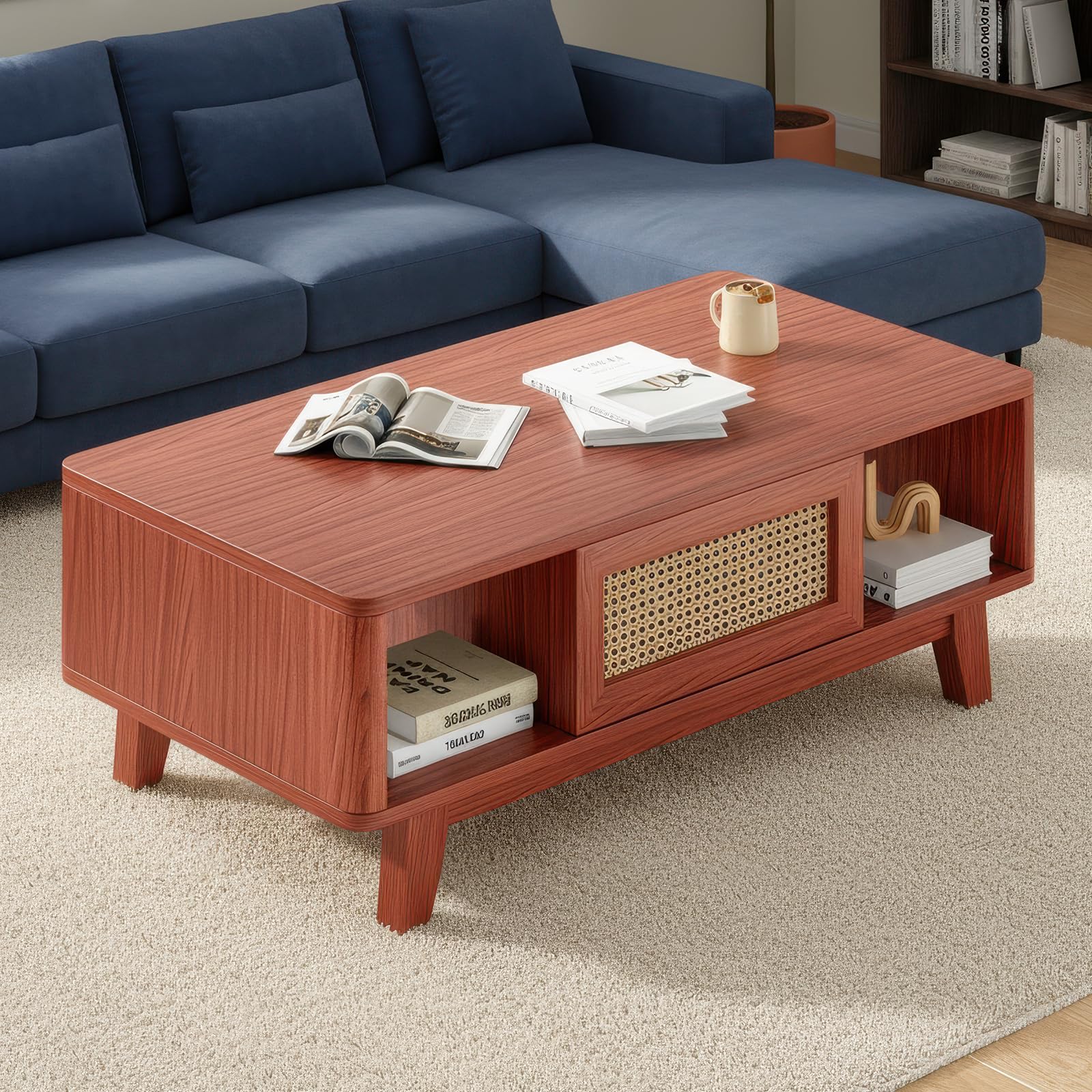 Farini Mid Century Modern Square Coffee Table with Rattan Drawer and Solid Wood Legs, Storage Living Room Table for Home,Office,Cherry