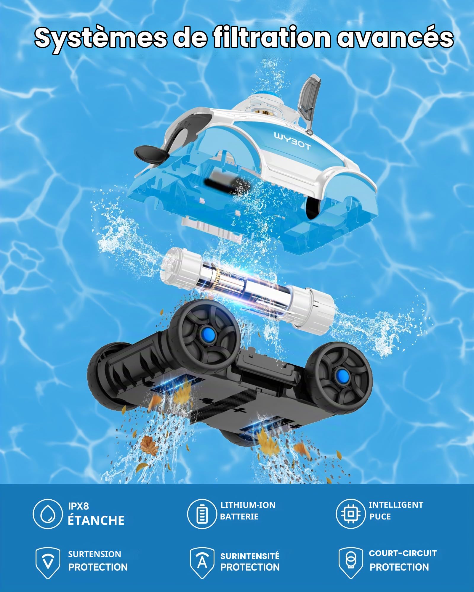 WYBOT Osprey 300II Robot Piscine, Aspirateur Piscine sans Fil avec Batterie,Stationnement Automatique,Nettoyeur Piscine pour Piscines Hors Sol 100 m²,Buse Réglable,120 Min (Blanc Bleu)