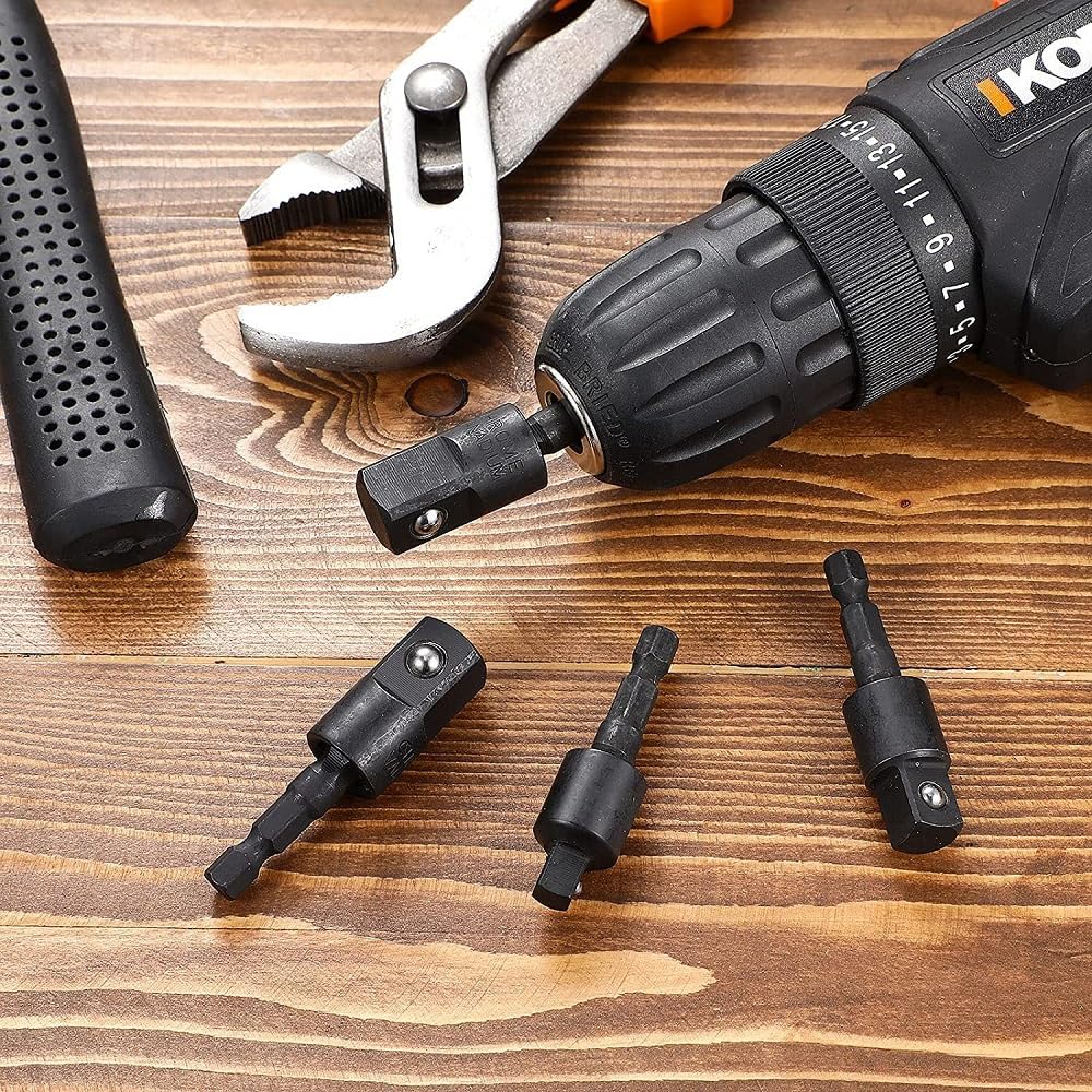 3 Pieces Wobble Socket Adapters, 1/4" Hex Shank to 1/4" 3/8" 1/2" Square Socket Drives, 360° Rotatable Universal Joint Swivel Socket Set for Cordless Drills Ratchet Extension