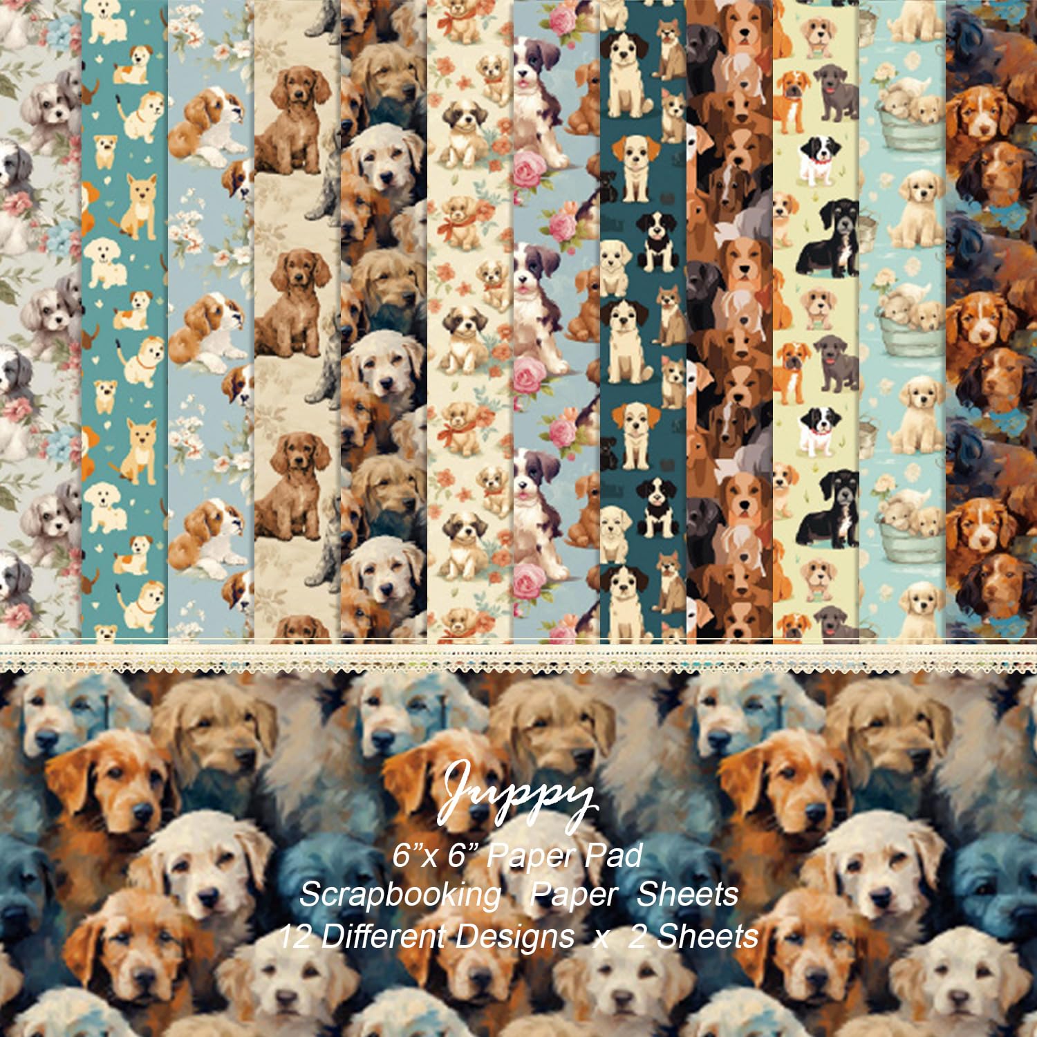24 hojas de papel con patrón de cachorro, 6 x 6 pulgadas, suministros de álbumes de recortes para cachorros, papel decorativo para manualidades, tarjetas, álbumes de fotos, decoración de diario de