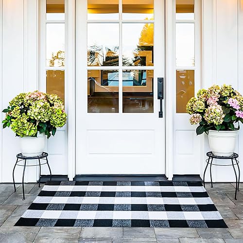 pinyan Alfombras de algodón de lana cuadriculada de 27.5 x 43 pulgadas, tejido a mano para uso en interiores y exteriores, tapete de puerta a