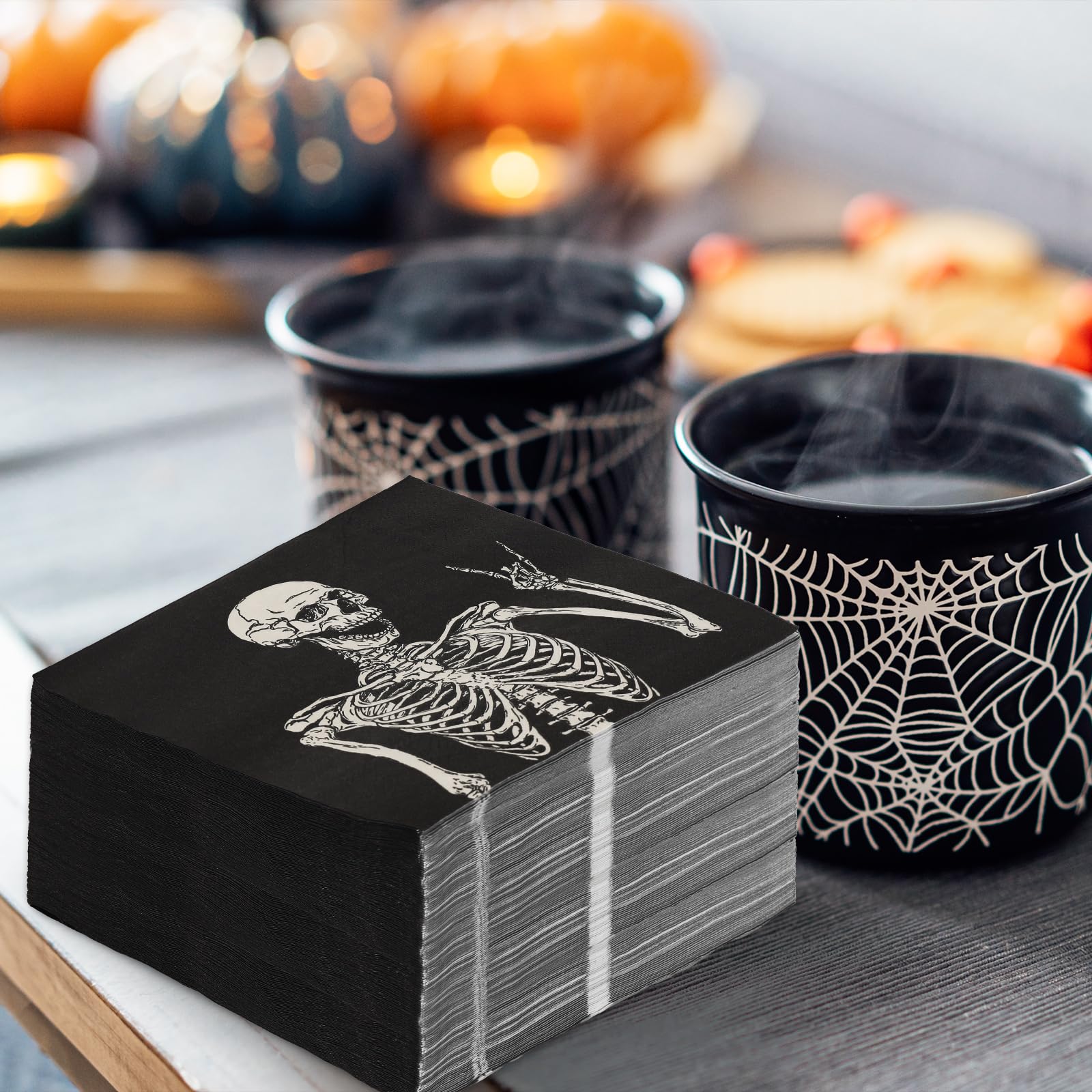 JarThenaAMCS 100 servilletas de papel de Halloween con diseño de esqueleto sonriente, servilletas negras para cena, servilletas de mano para el hogar, fiesta, decoración de mesa