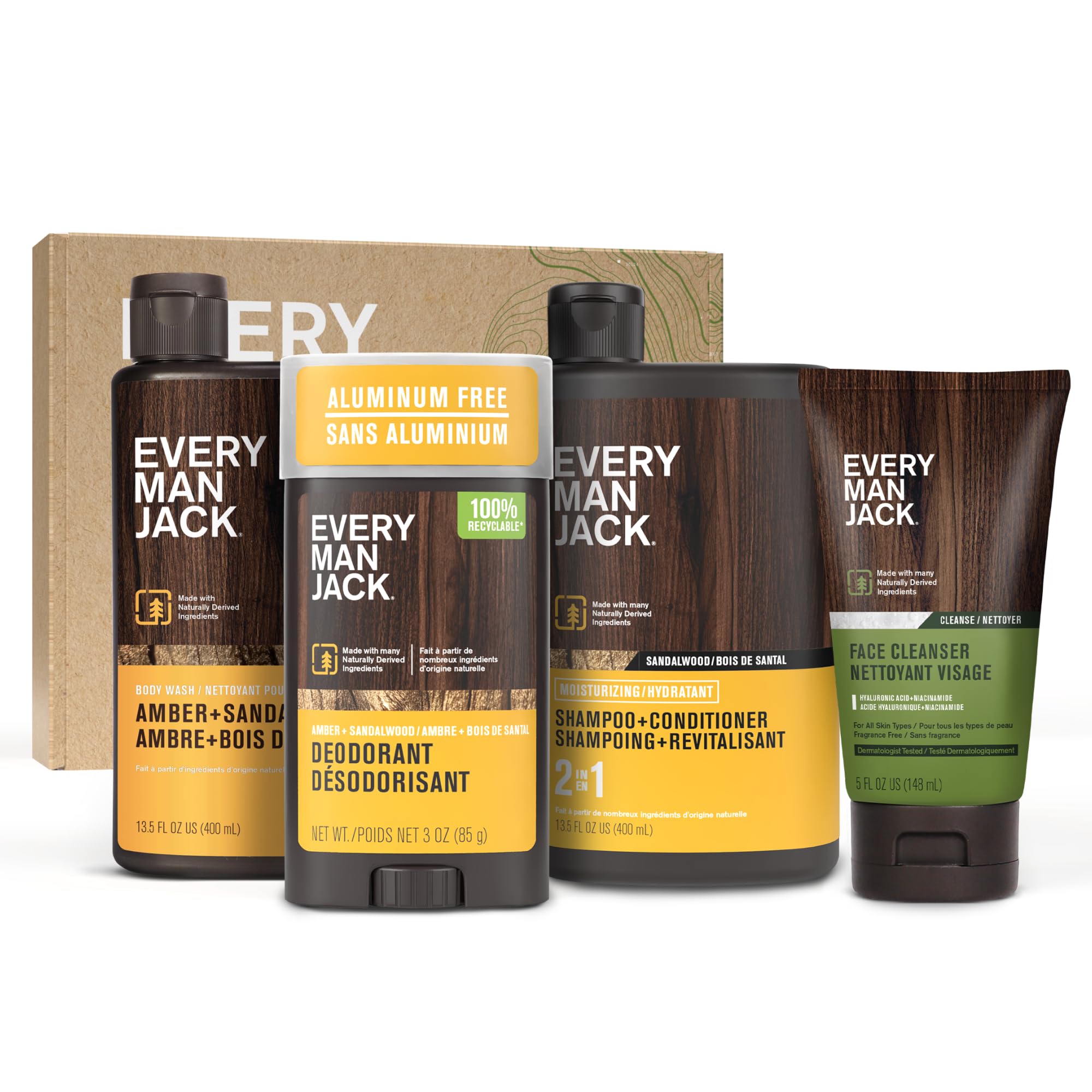Every Man Jack Men’s Amber + Sandalwood Bath and Body Gift Set - Clean Ingredients & Sandalwood, Amber, and Vetiver scent - Round Out His Routine with Body Wash, 2-in-1 Shampoo, Deodorant & Face Wash