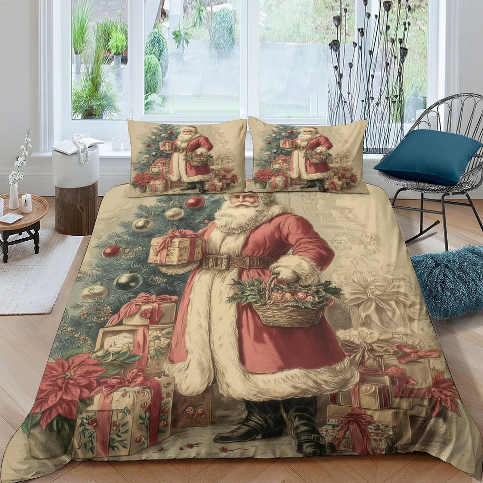 Ctjqhvkz Style-9 3D Printed Vintage Santa Claus Fitted Sheet Microfiber Soft Red Christmas Tree Bed Cover Bedroom Holiday Decor Single（135X200cm）