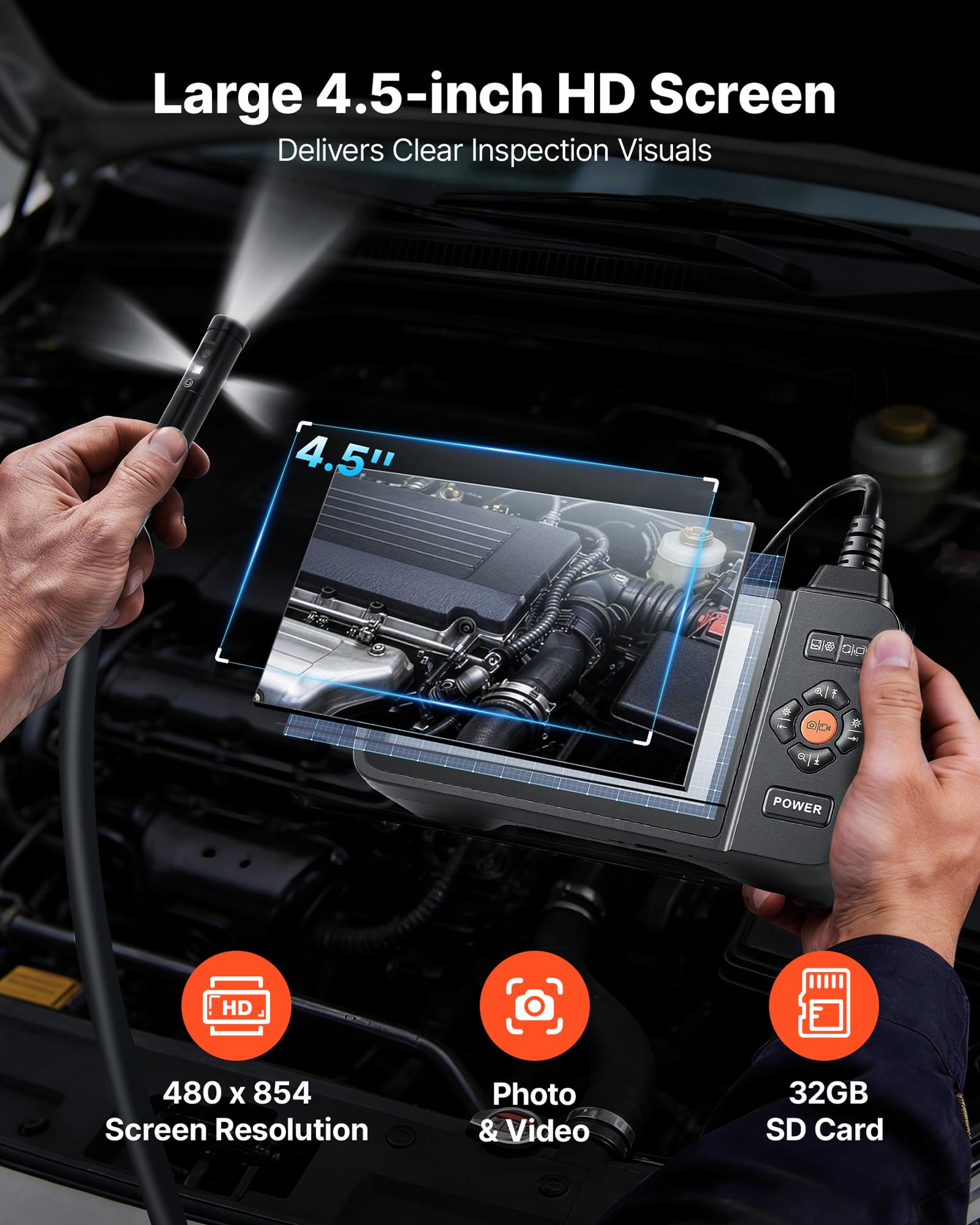 VEVOR Triple Lens Endoskopkamera mit 4,5 Zoll Bildschirm, 3000mAh Akku Inspektionskamera mit 5m Kabel 8X Zoom 180° Bildrotation IP67 Wasserdicht, 8mm Industrie Endoskop mit LED für Auto Rohre Abfluss