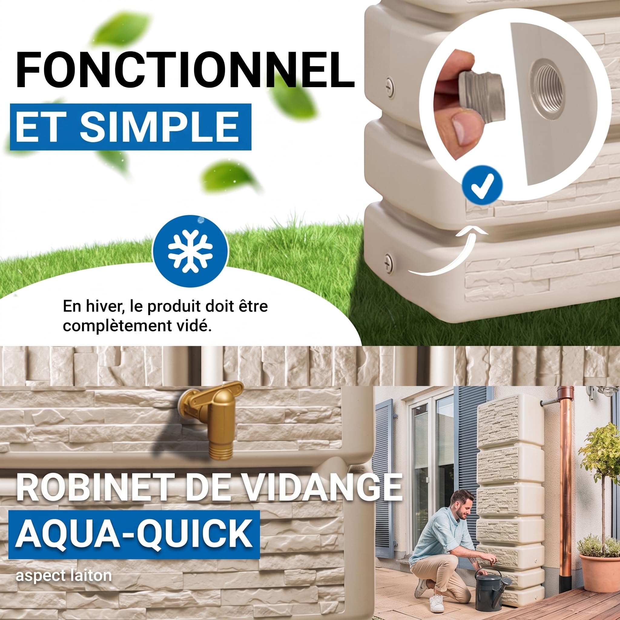 4rain Slim Stone Decor Récupérateur d'eau de Pluie 350 litres Sable Beige