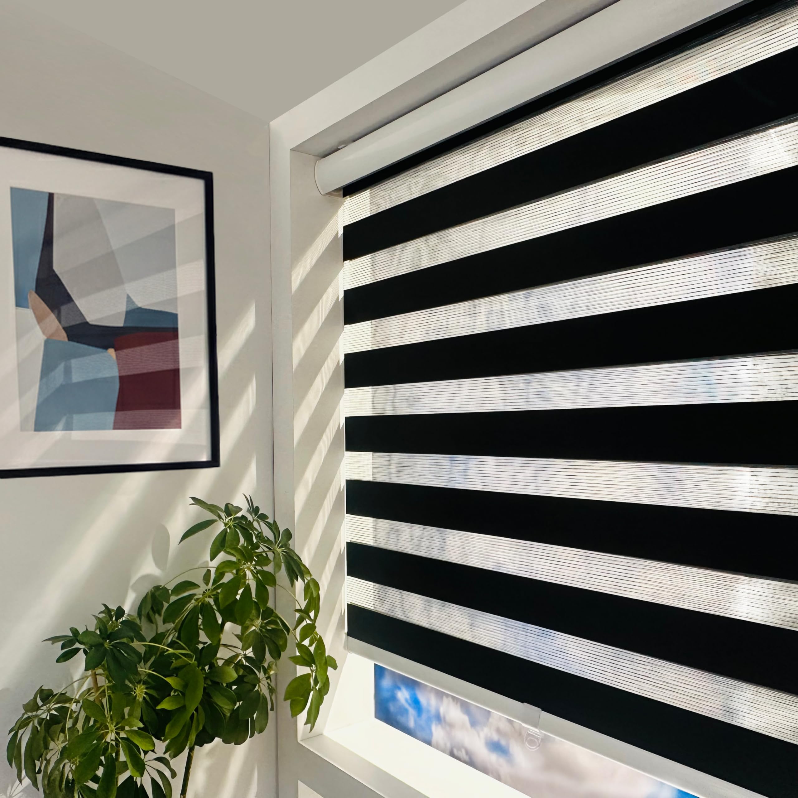ShadesU Cordless Zebra Blinds Light Filtering Dual-Layer Window Shades for Privacy Polyester Black Maximum Height 72" Width 48"