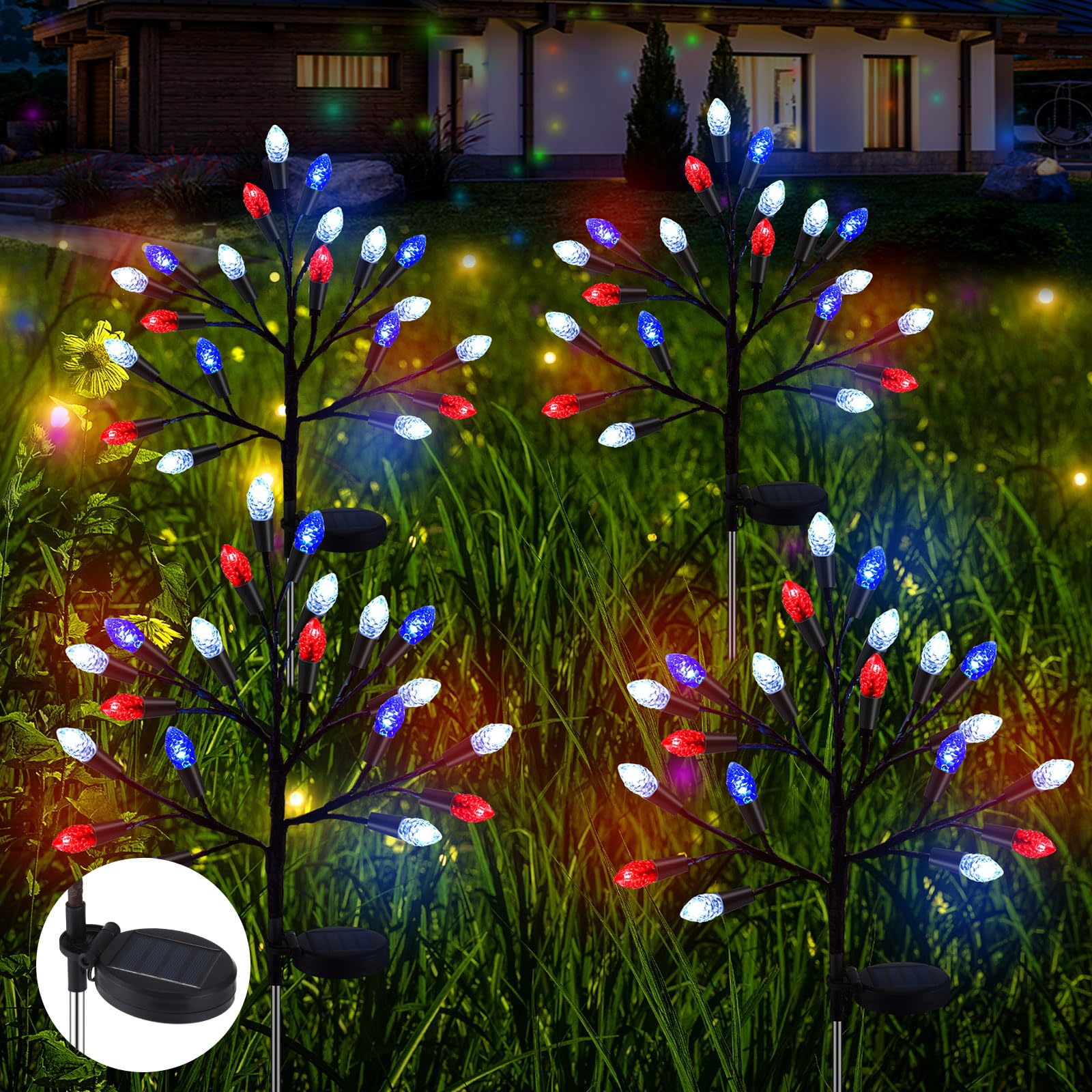 Glooglitter 4 szt. solarne lampki na paliki zewnętrzne 4 lipca, dekoracje na Dzień Niepodległości, na zewnątrz, wodoodporne, 40 diod LED, czerwone białe i niebieskie światła na ścieżkę, werandę