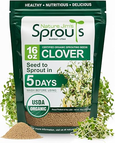 Nature Jims Sprout/Sprouting Seeds, trébol, bolsa resellable orgánica sin OMG prémium para una frescura más larga, rica en vitaminas, minerales,