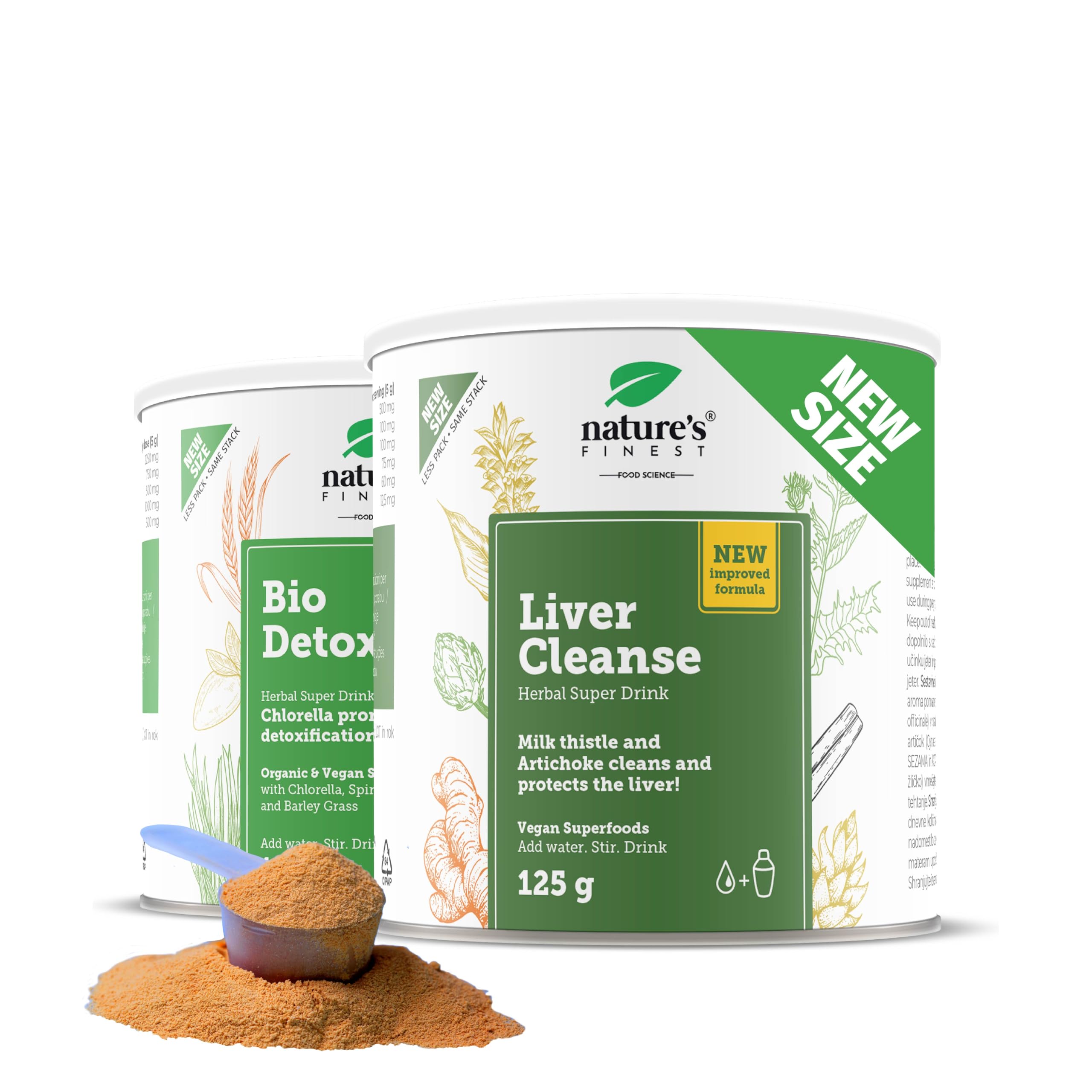 Nature's Finest Liver Cleanse + BIO Detox, Duo 250 g | Duo de boissons en poudre : Liver Cleanse orange (curcuma, chardon-Marie) et BIO Detox (5 superaliments verts bio)
