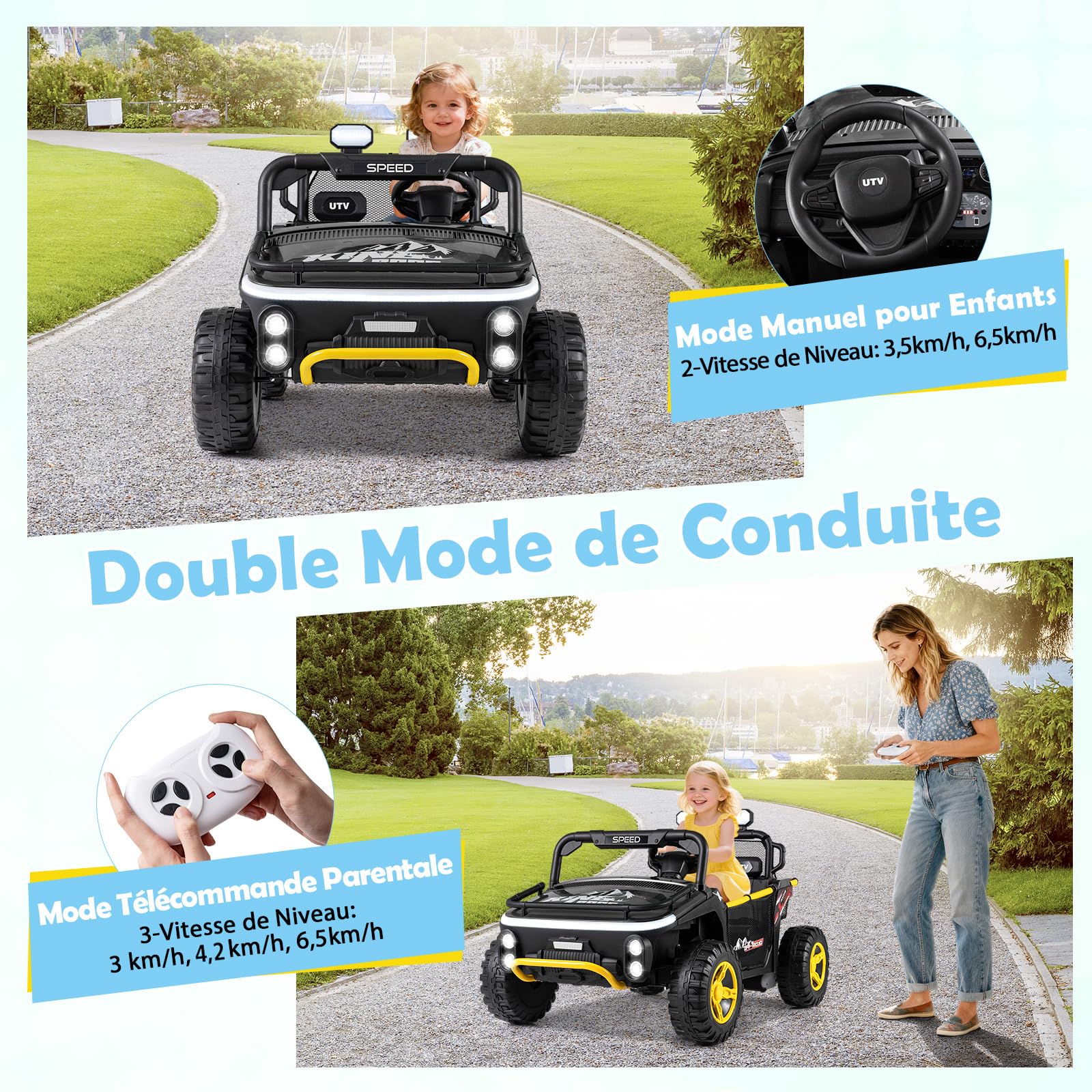 COSTWAY 24V Voiture Électrique Enfant 2 Places avec Télécommande 2,4G, Buggy Électrique Enfant avec Musique Klaxon Lumières LED, Démarrage Progressif, 3,5-6,5 km/h, Charge 40kg pour 3-7 Ans (Noir)